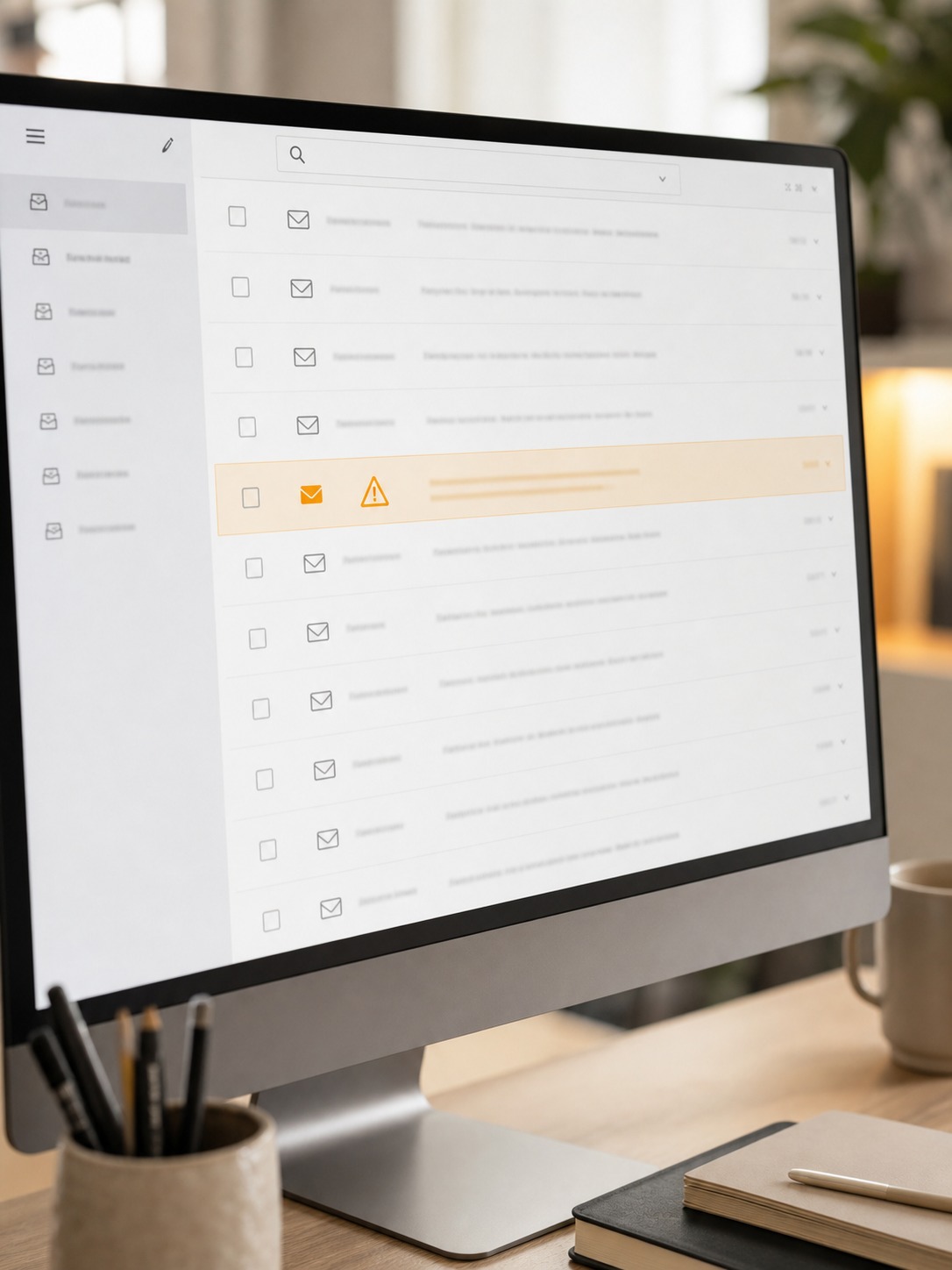 Email inbox on a monitor with a suspicious message flagged by a security warning.