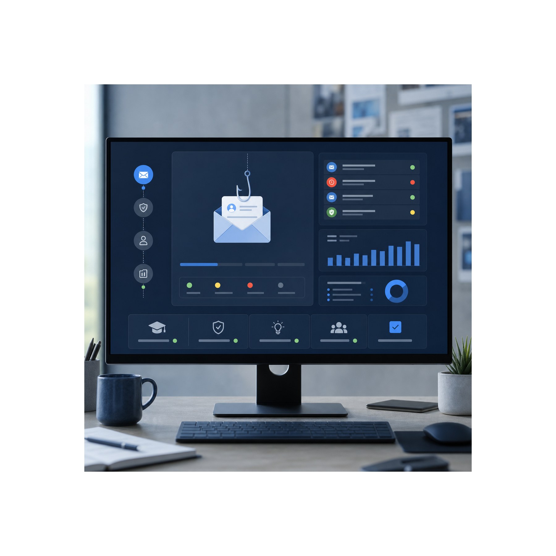 Phishing training dashboard for a creative team Studio monitor showing a phishing simulation training dashboard for a creative team | Sky Rye Design Studio monitor showing a phishing simulation training dashboard for a creative team