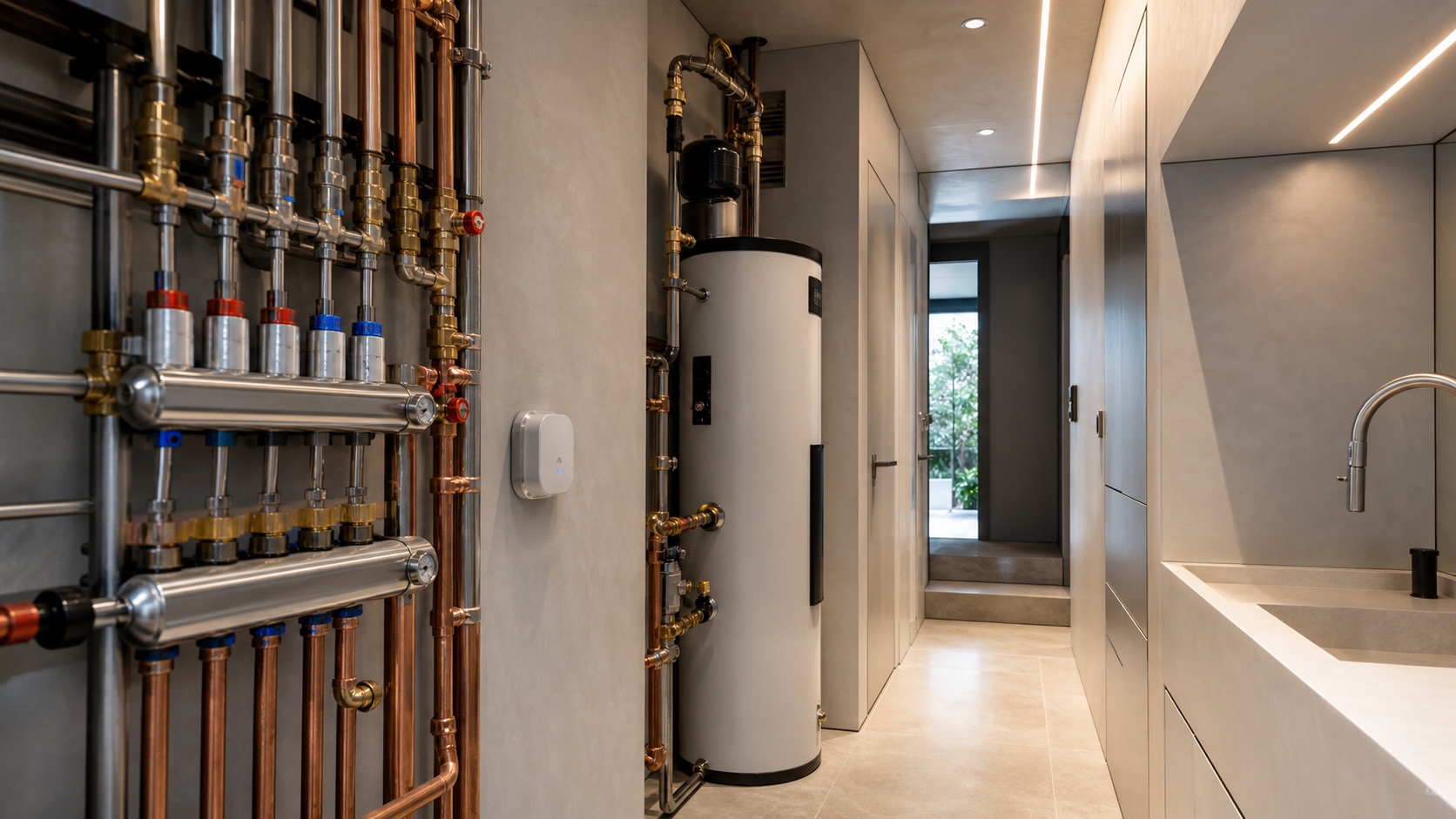 Preventive plumbing maintenance utility room with smart leak detection and organized home systems