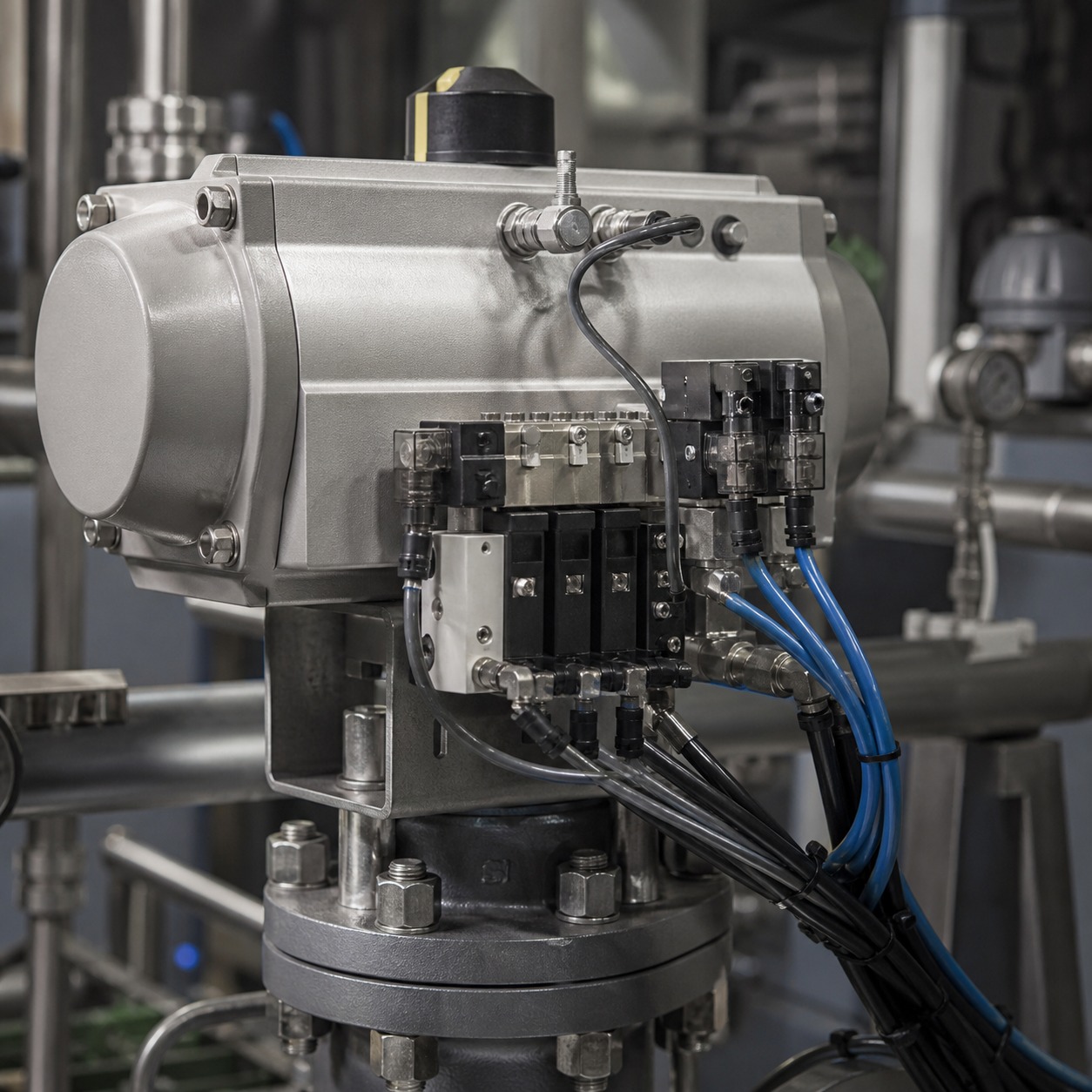 Pneumatic actuator with tubing and valve fittings Pneumatic actuator with tubing and valve fittings | Sky Rye Design Pneumatic actuator with tubing and valve fittings