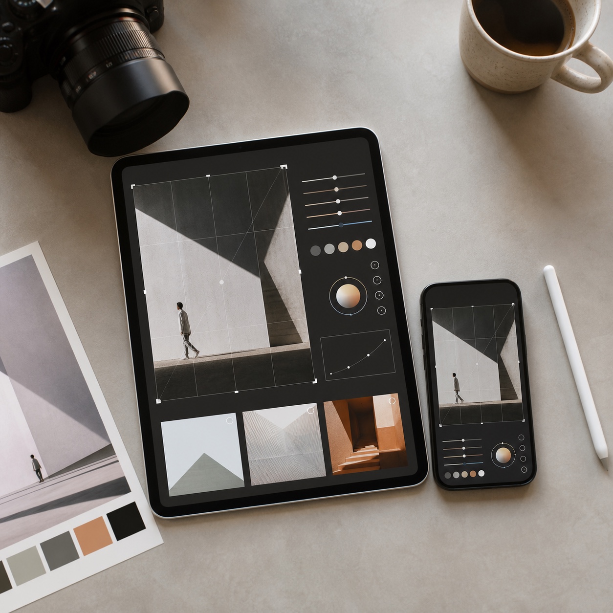 Phone and laptop showing a sharp portfolio image and print export settings