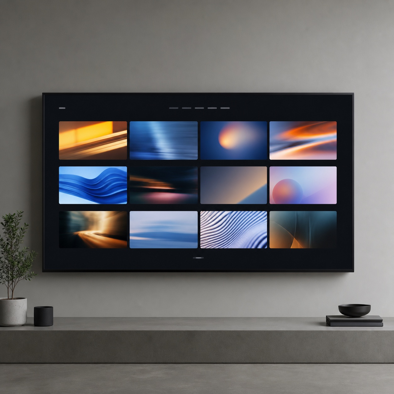 A studio display showing a portfolio website with moving thumbnail previews.