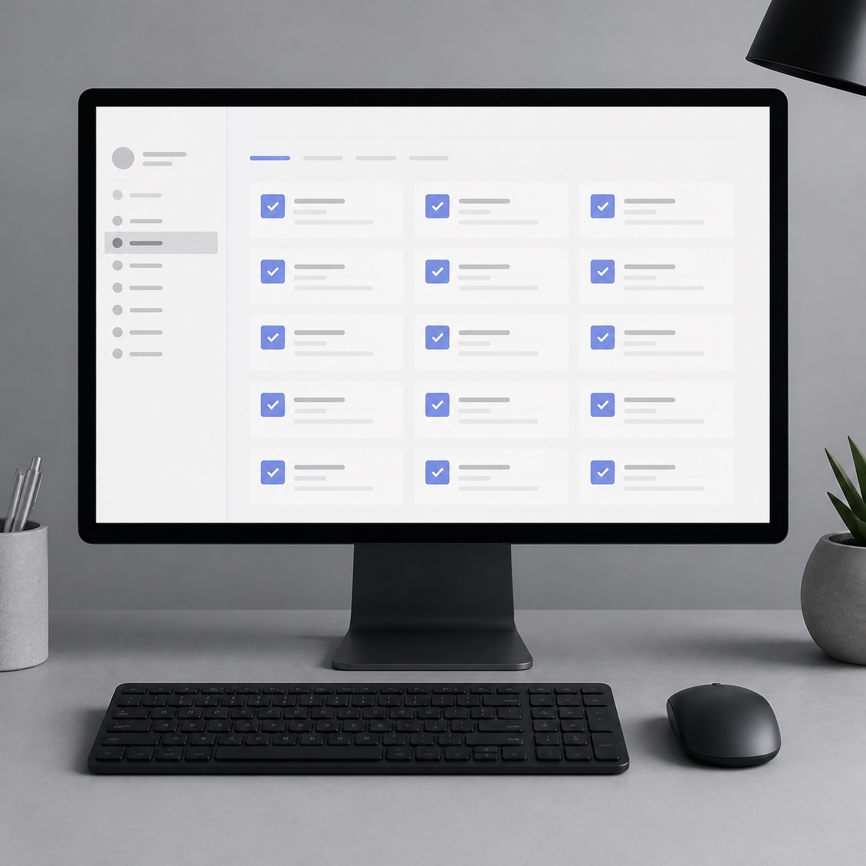 Minimal desk setup with monitor displaying a print-resolution checklist interface