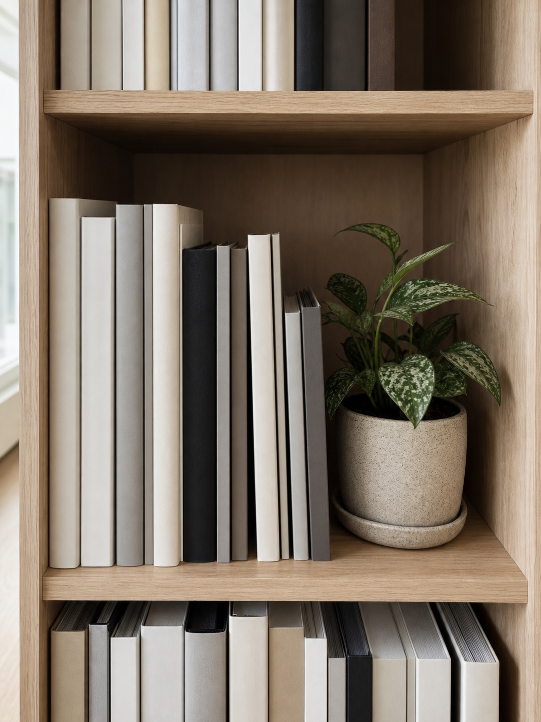 Printed architecture portfolio books arranged on a wooden shelf beside a plant