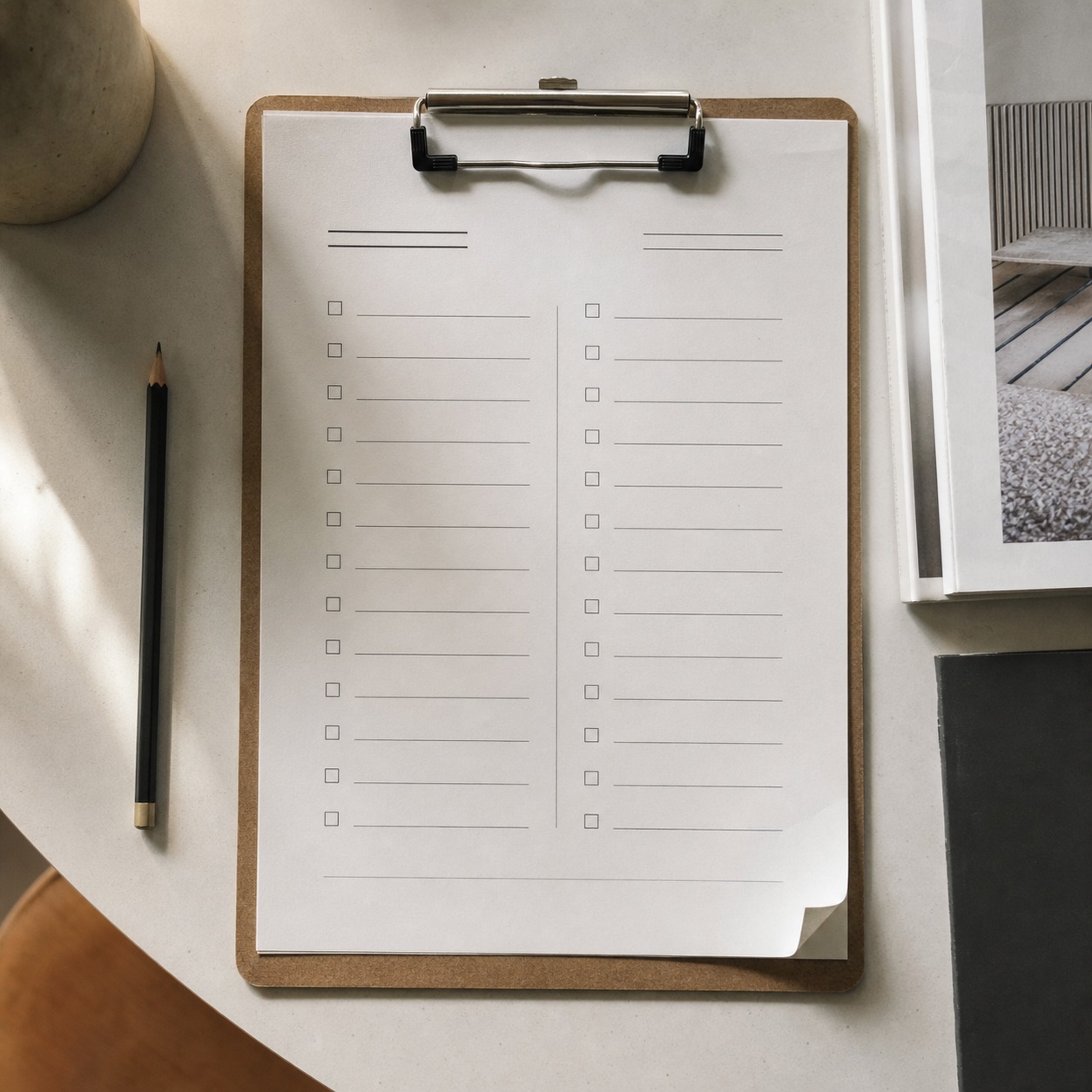 Printed Design Operations Checklist Printed quarterly design operations checklist on a clipboard beside a pencil and reference prints. | Sky Rye Design Printed quarterly design operations checklist on a clipboard beside a pencil and reference prints.