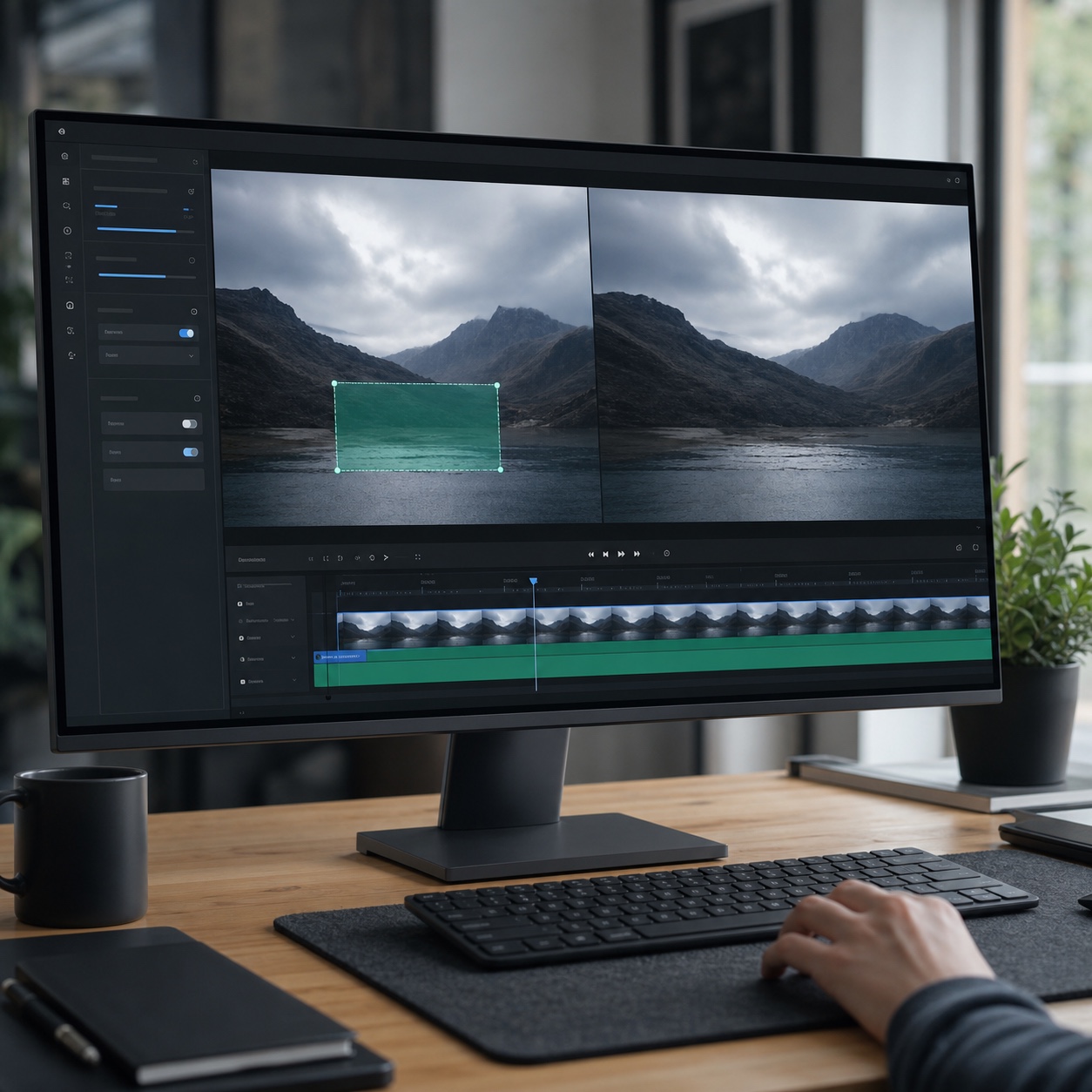 Designer desk with a monitor showing a process-video timeline and highlighted watermark region