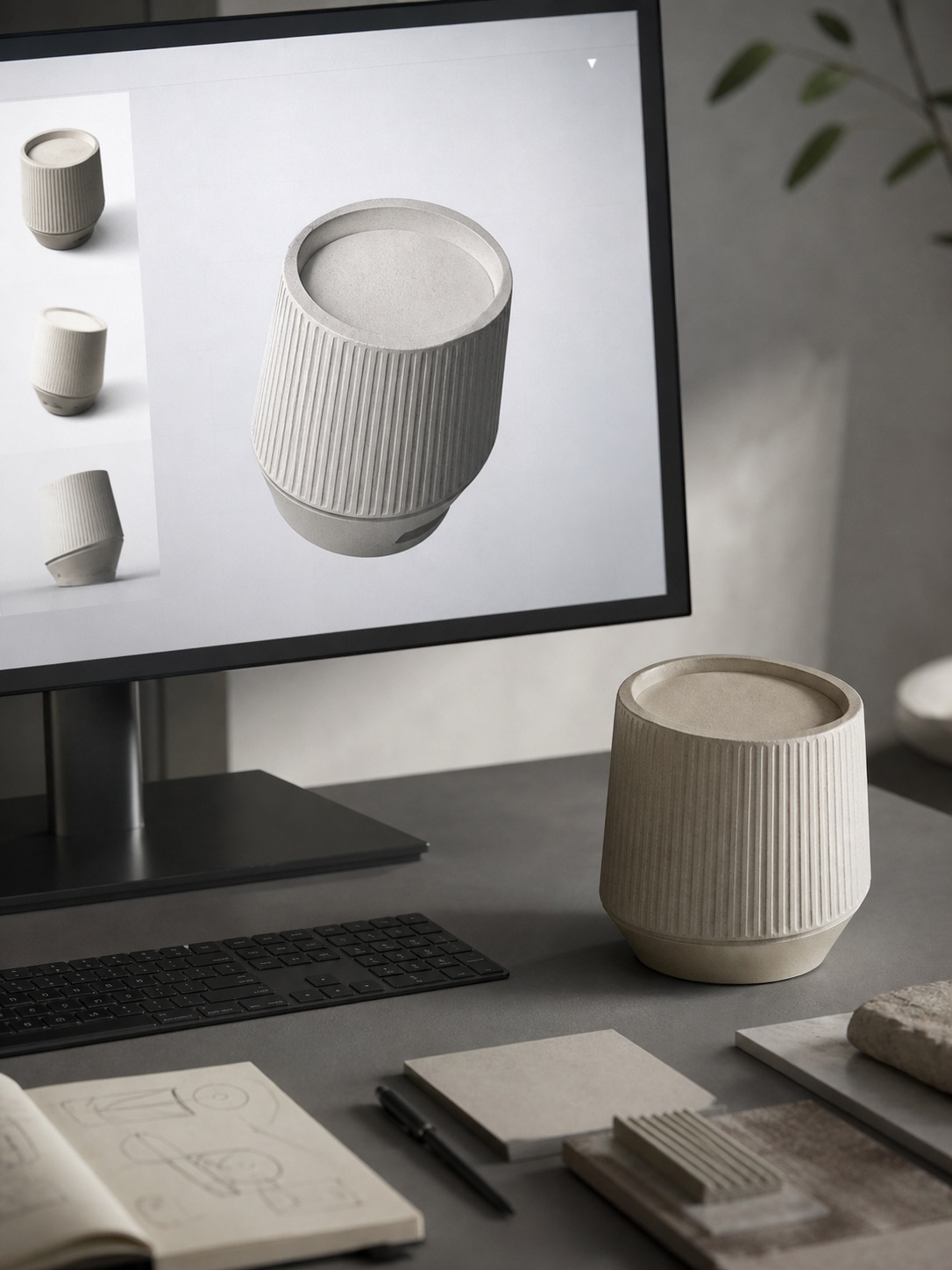 Animated product mockup preview on a studio monitor A monitor shows an animated product mockup mid-rotation beside a physical reference object. | Sky Rye Design A monitor shows an animated product mockup mid-rotation beside a physical reference object.