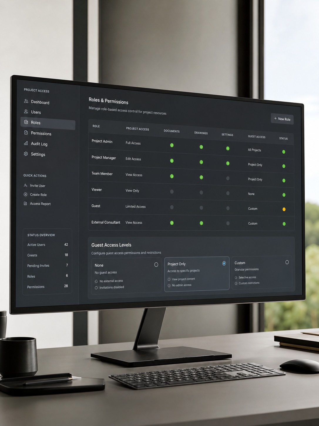 Monitor showing role-based permissions and guest access levels for a design project.