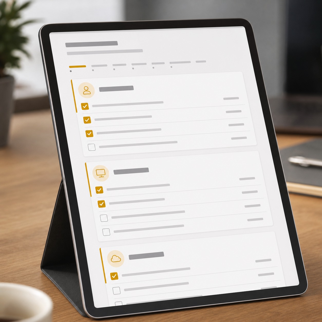 Tablet showing a project kickoff checklist app with checked and unchecked security items.