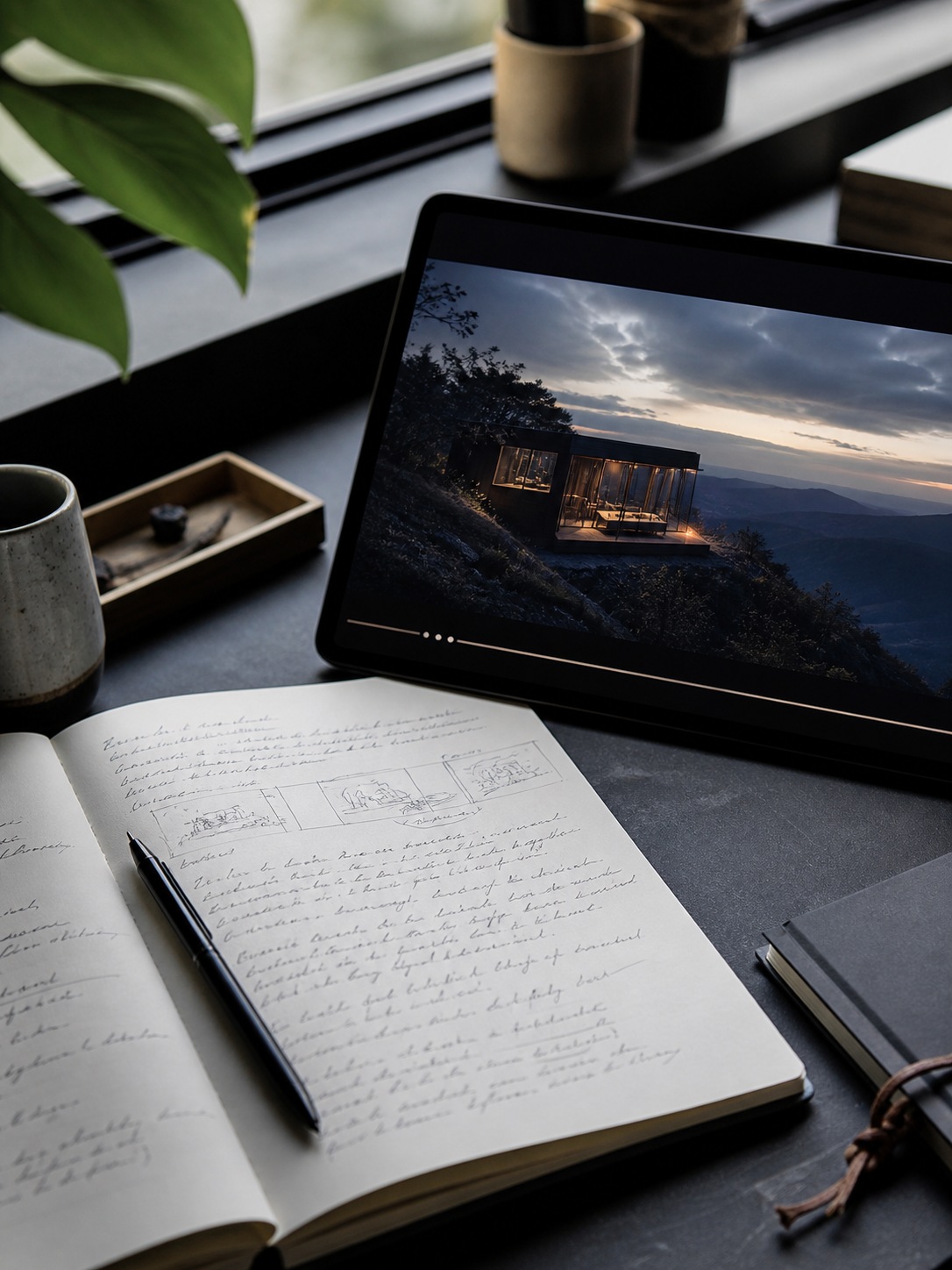 Notebook prompt beside a generated motion clip preview A notebook with an AI video prompt beside a tablet showing a generated cinematic clip preview. | Sky Rye Design A notebook with an AI video prompt beside a tablet showing a generated cinematic clip preview.