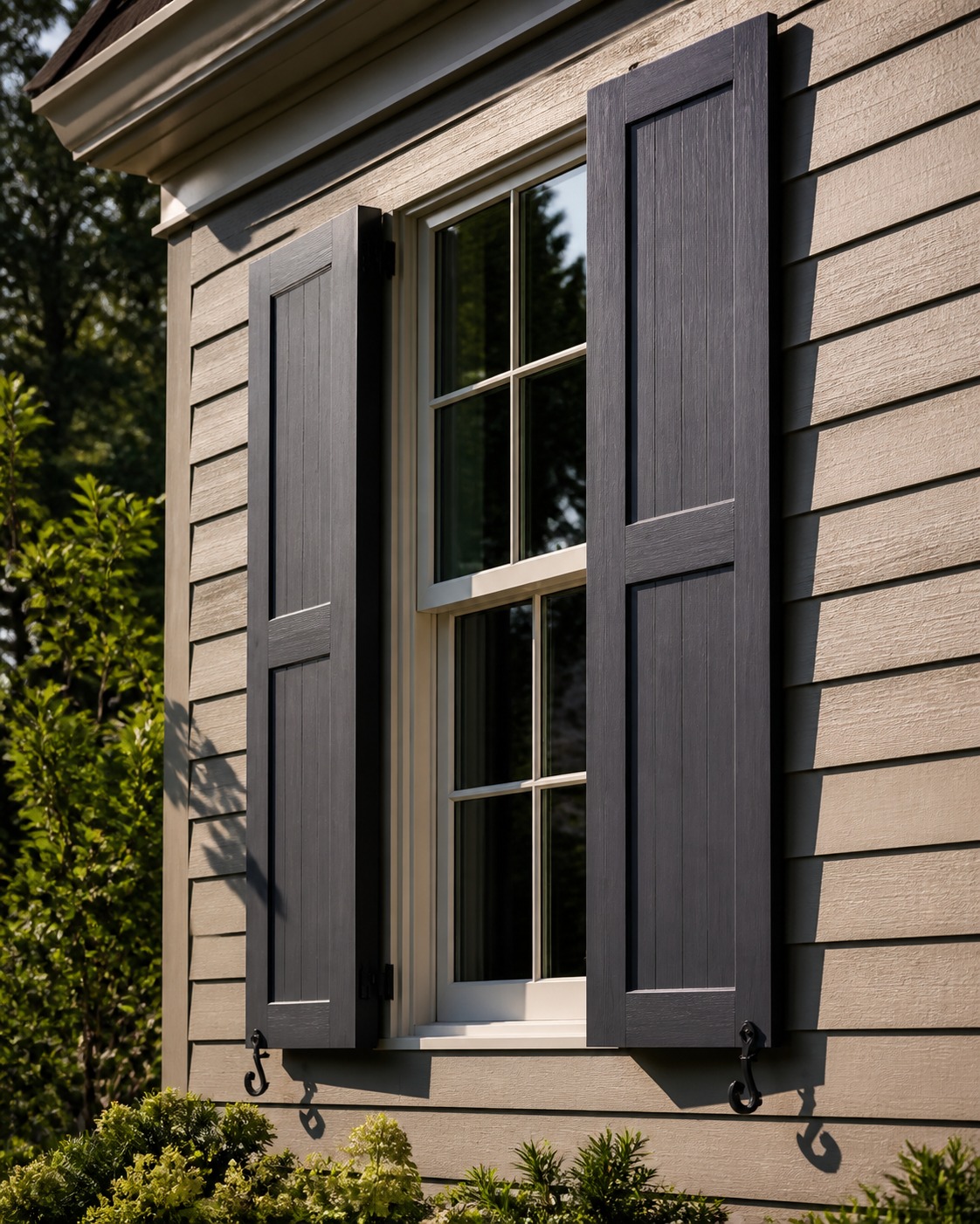 Properly sized exterior window shutters Traditional exterior window with shutters sized to cover the full opening. | Sky Rye Design Traditional exterior window with shutters sized to cover the full opening.
