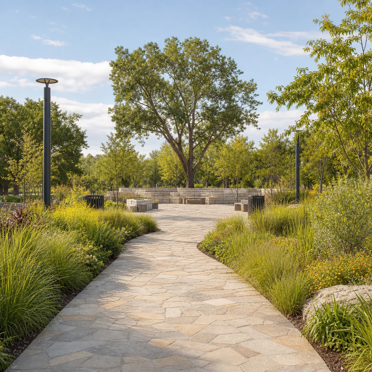 Public Park Pathway Sightlines Public park path leading toward a specimen tree and central gathering plaza. | Sky Rye Design Public park path leading toward a specimen tree and central gathering plaza.