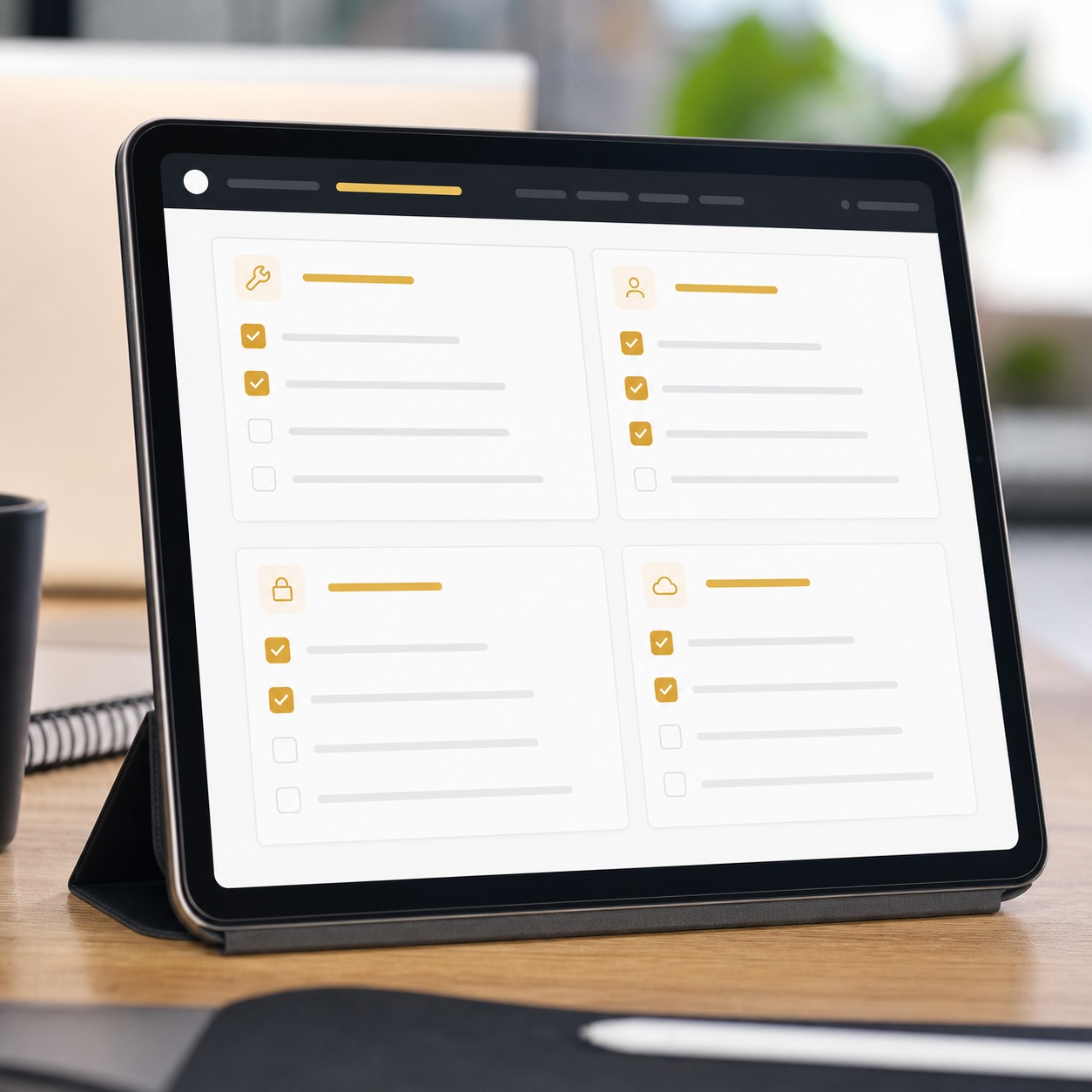 Quarterly Design Ops Checklist App Quarterly design operations checklist app on a tablet with grouped access and security tasks. | Sky Rye Design Quarterly design operations checklist app on a tablet with grouped access and security tasks.