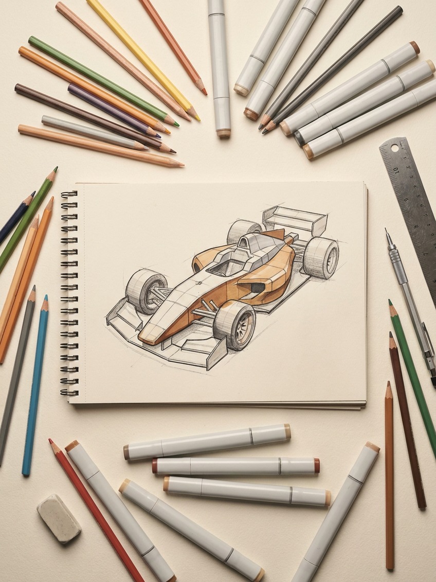 Race car body-volume sketch with drawing tools Colored pencils and markers arranged beside a half-finished race car body-volume sketch. | Sky Rye Design Colored pencils and markers arranged beside a half-finished race car body-volume sketch.