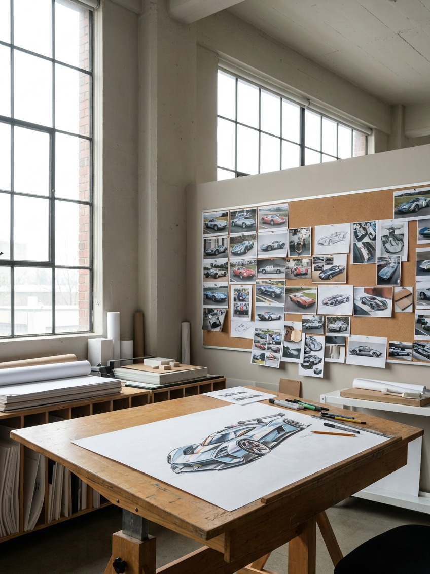 Race car design studio with drafting table A modern car design studio with an in-progress three-quarter race car rendering on a drafting table. | Sky Rye Design A modern car design studio with an in-progress three-quarter race car rendering on a drafting table.