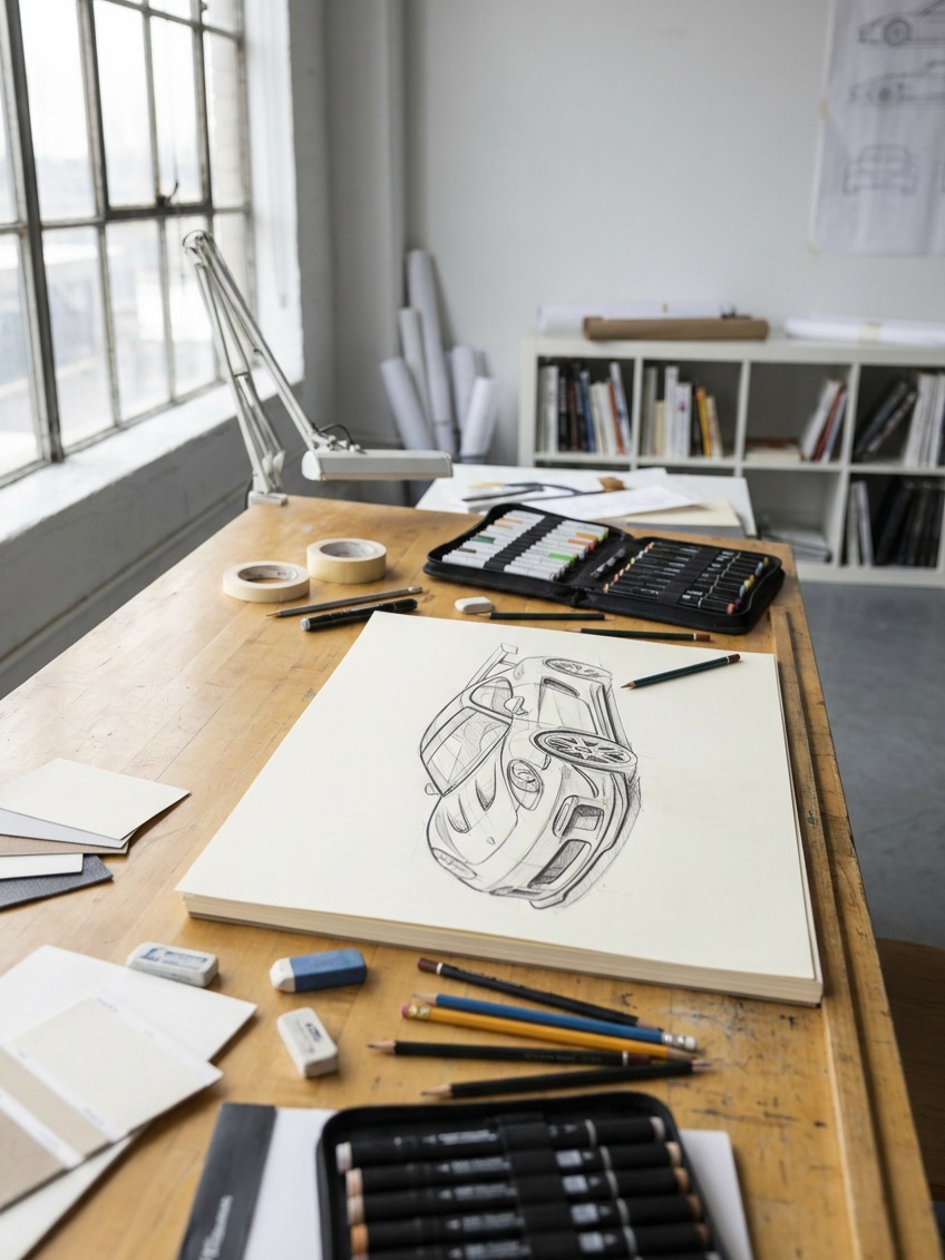 Designer desk with race car sketch A designer desk mid-session with a race car three-quarter sketch on a drafting table. | Sky Rye Design A designer desk mid-session with a race car three-quarter sketch on a drafting table.