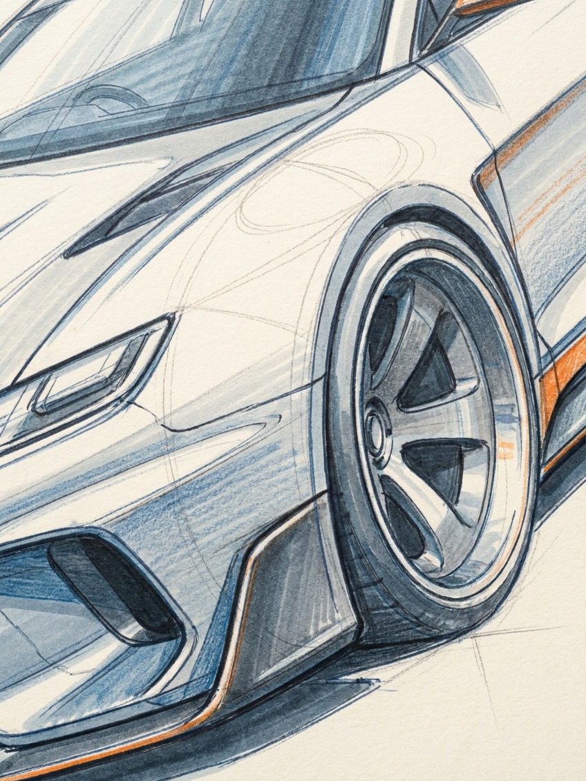 Front three-quarter race car illustration detail A close-up of a race car illustration showing front corner volume and wheel ellipse compression. | Sky Rye Design A close-up of a race car illustration showing front corner volume and wheel ellipse compression.