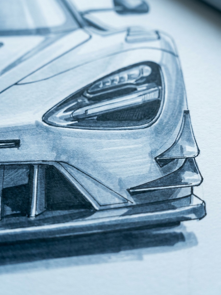 Race car front splitter and headlight detail A close-up of a race car illustration showing front splitter and headlight detail. | Sky Rye Design A close-up of a race car illustration showing front splitter and headlight detail.