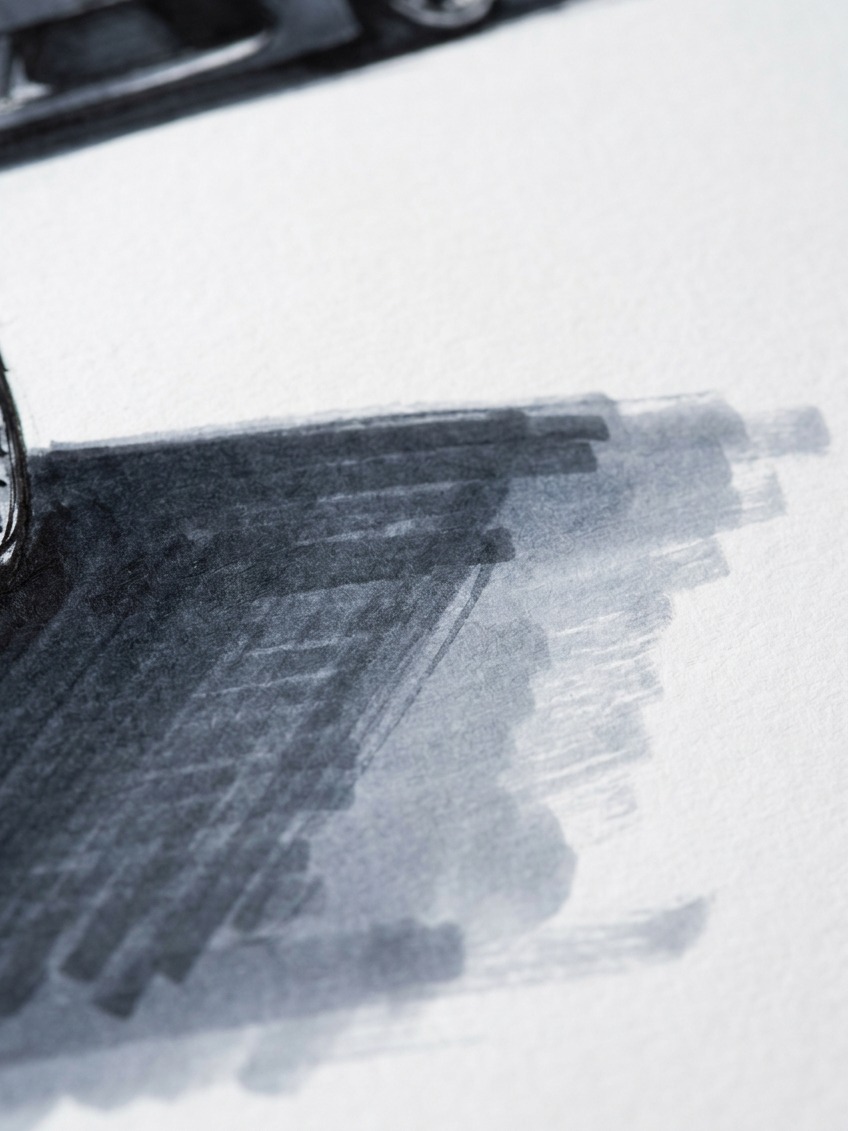 Race car ground shadow marker rendering A close detail of a race car sketch showing a layered ground shadow under the body. | Sky Rye Design A close detail of a race car sketch showing a layered ground shadow under the body.
