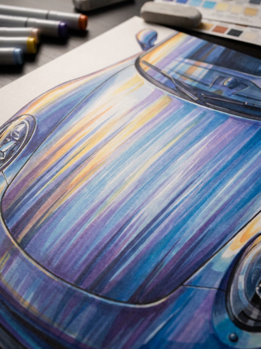 Race car hood reflection highlight detail A close-up of a race car hood rendering with streaked reflection highlights angled backward. | Sky Rye Design A close-up of a race car hood rendering with streaked reflection highlights angled backward.