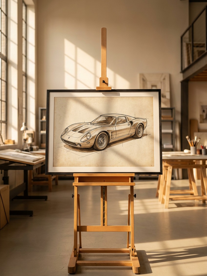 Large race car illustration on studio easel A large-format race car illustration displayed on an easel in a sunlit design studio. | Sky Rye Design A large-format race car illustration displayed on an easel in a sunlit design studio.