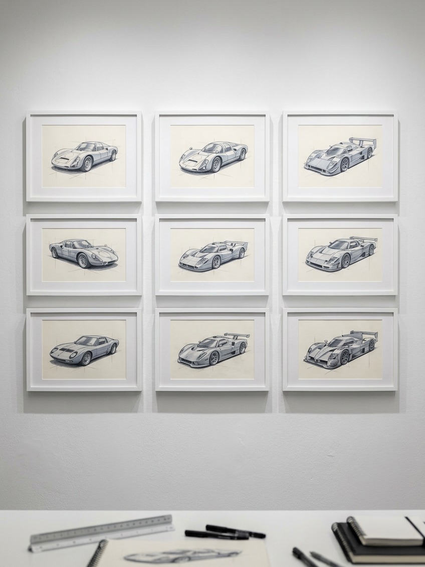 Race car illustration gallery wall A studio wall with framed race car illustrations in three-quarter perspective. | Sky Rye Design A studio wall with framed race car illustrations in three-quarter perspective.