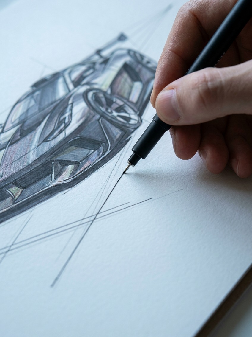 Fine-liner perspective line on race car illustration A hand adding a crisp perspective convergence line to a nearly finished race car illustration. | Sky Rye Design A hand adding a crisp perspective convergence line to a nearly finished race car illustration.