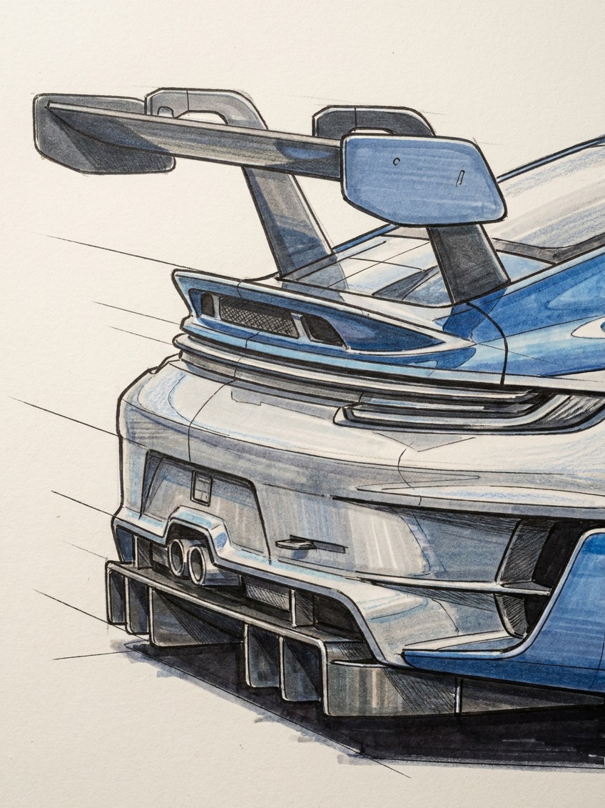 Rear three-quarter race car illustration detail A close-up of a race car illustration showing rear wing, diffuser volume, and converging panel lines. | Sky Rye Design A close-up of a race car illustration showing rear wing, diffuser volume, and converging panel lines.
