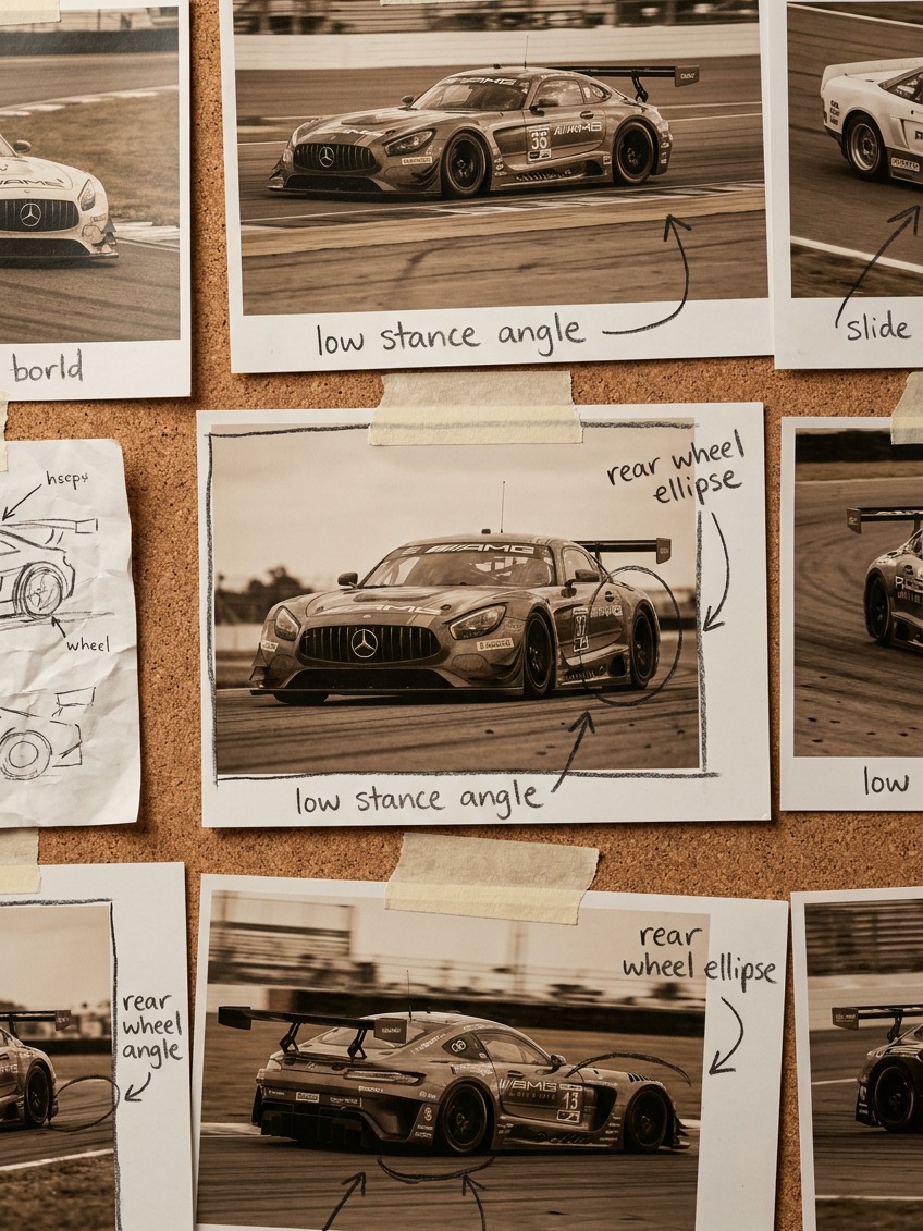 Annotated race car reference board A reference board with race car photographs annotated for stance, wheel ellipses, and highlight direction. | Sky Rye Design A reference board with race car photographs annotated for stance, wheel ellipses, and highlight direction.