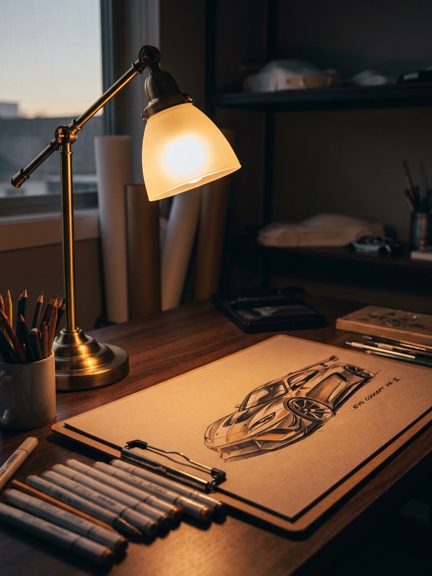 Race car rendering under desk lamp A finished race car marker rendering on a studio desk beside a warm desk lamp. | Sky Rye Design A finished race car marker rendering on a studio desk beside a warm desk lamp.