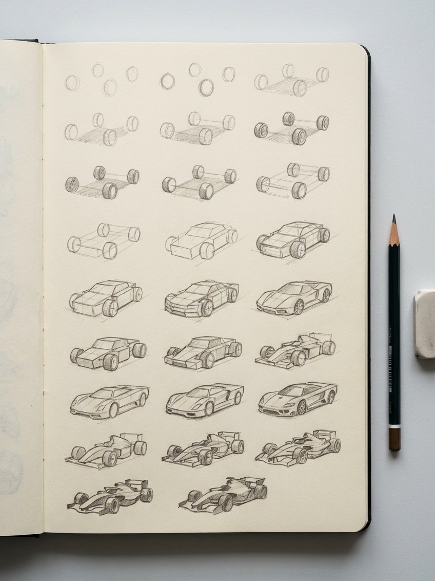 Race car stance studies in a sketchbook A sketchbook page with race car stance studies, wheels, and ground shadows. | Sky Rye Design A sketchbook page with race car stance studies, wheels, and ground shadows.
