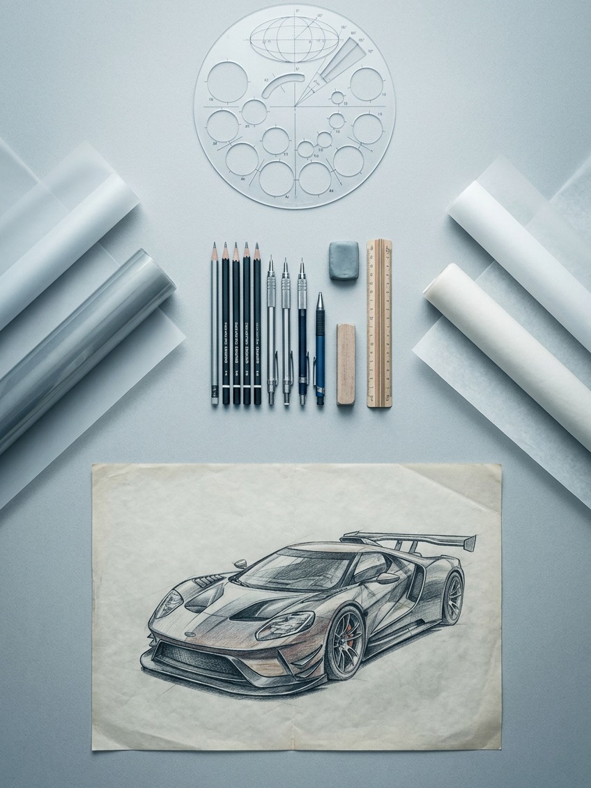Drawing tools and race car stance study flat-lay Drawing tools, an ellipse guide, and a race car stance study arranged in a top-down studio flat-lay. | Sky Rye Design Drawing tools, an ellipse guide, and a race car stance study arranged in a top-down studio flat-lay.