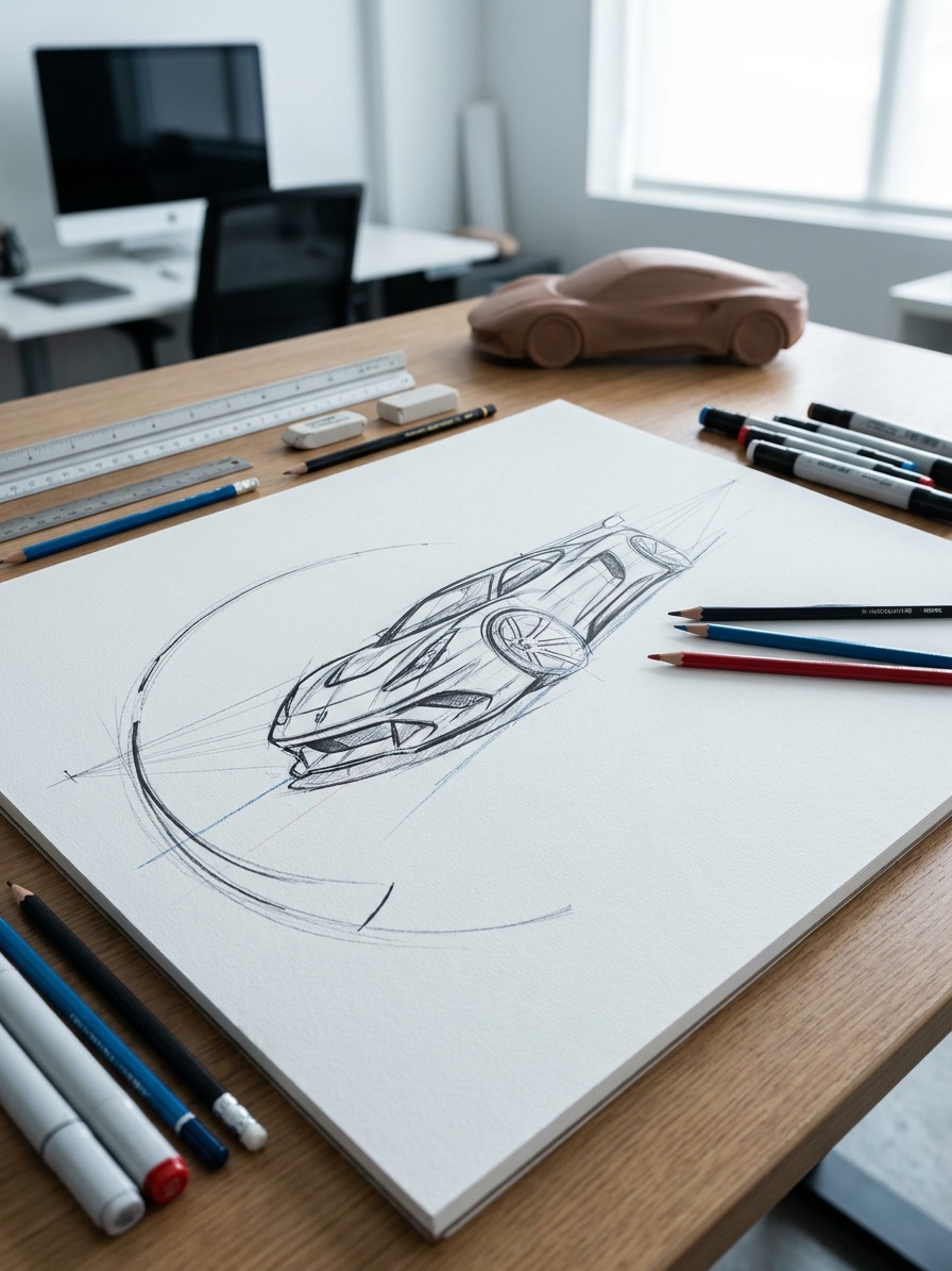 Race car three-quarter gesture sketch on a design studio desk A race car gesture sketch in three-quarter perspective on a studio desk with drafting tools. | Sky Rye Design A race car gesture sketch in three-quarter perspective on a studio desk with drafting tools.