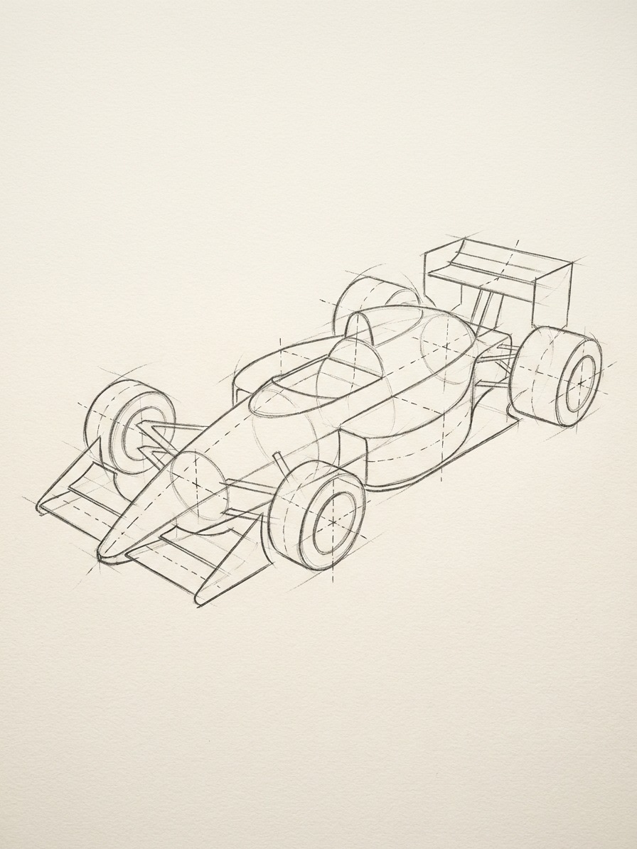 Race car body volume block-in sketch An overhead view of a race car body block-in with wedge and cylinder construction shapes. | Sky Rye Design An overhead view of a race car body block-in with wedge and cylinder construction shapes.
