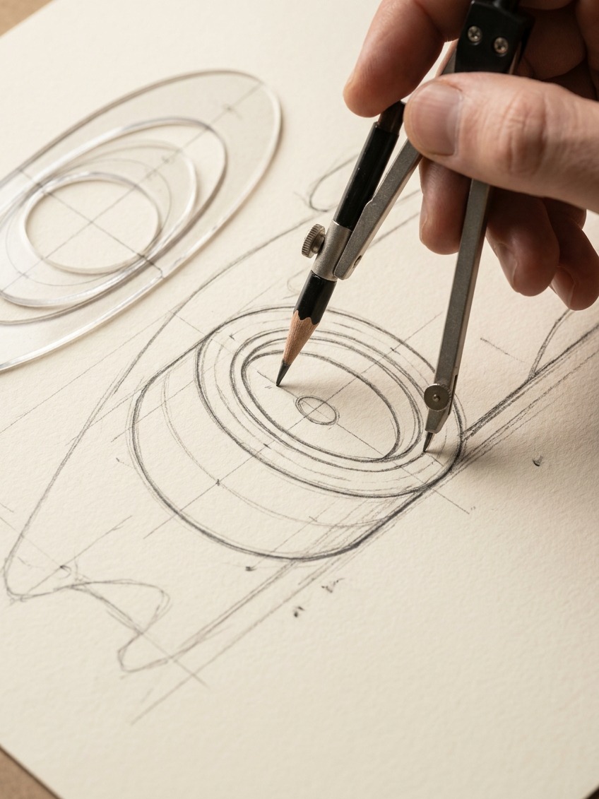 Wheel ellipse construction drawing close-up A hand drawing wheel ellipse construction lines on a race car sketch with an ellipse guide. | Sky Rye Design A hand drawing wheel ellipse construction lines on a race car sketch with an ellipse guide.