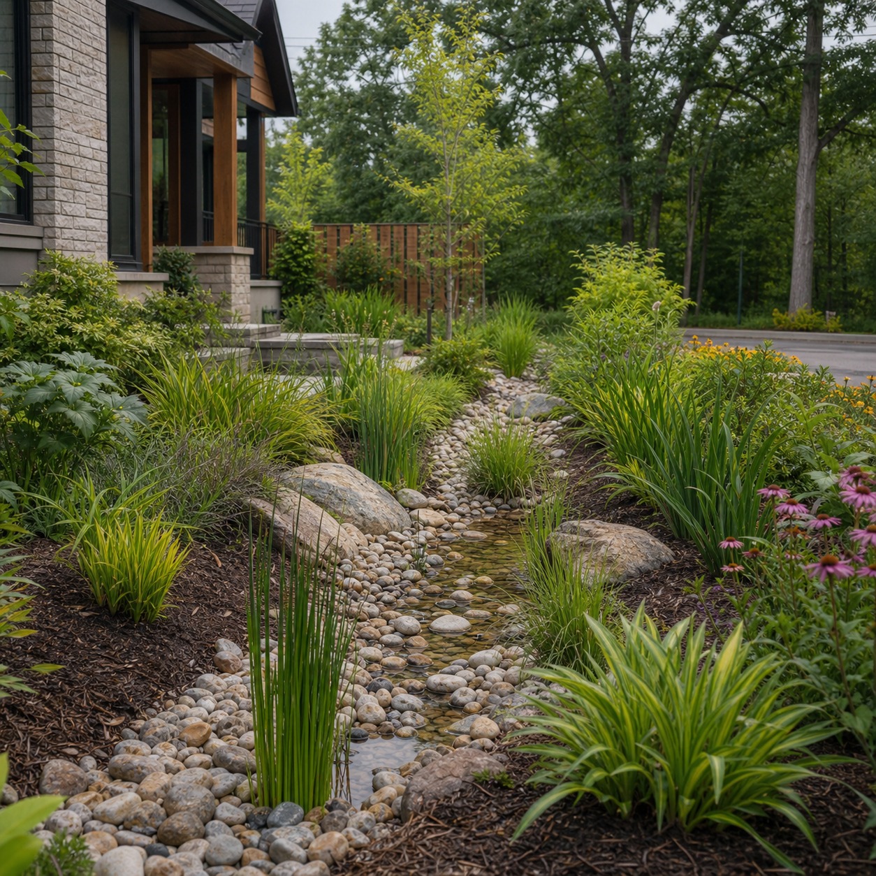 Rain Garden Bioswale Detail Residential rain garden and bioswale with river stone and native stormwater planting. | Sky Rye Design Residential rain garden and bioswale with river stone and native stormwater planting.