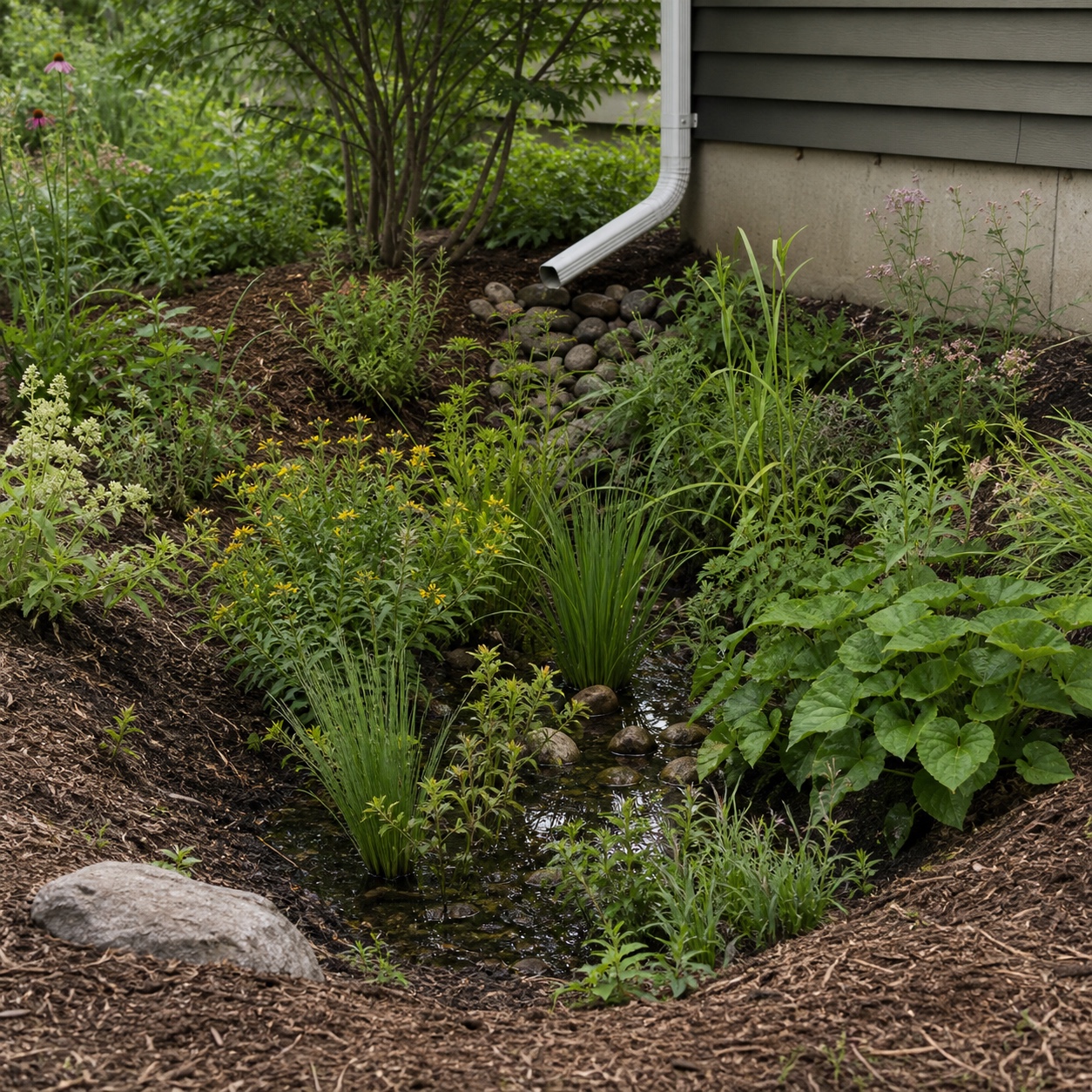 A planted rain garden depression catching runoff near a house downspout.
