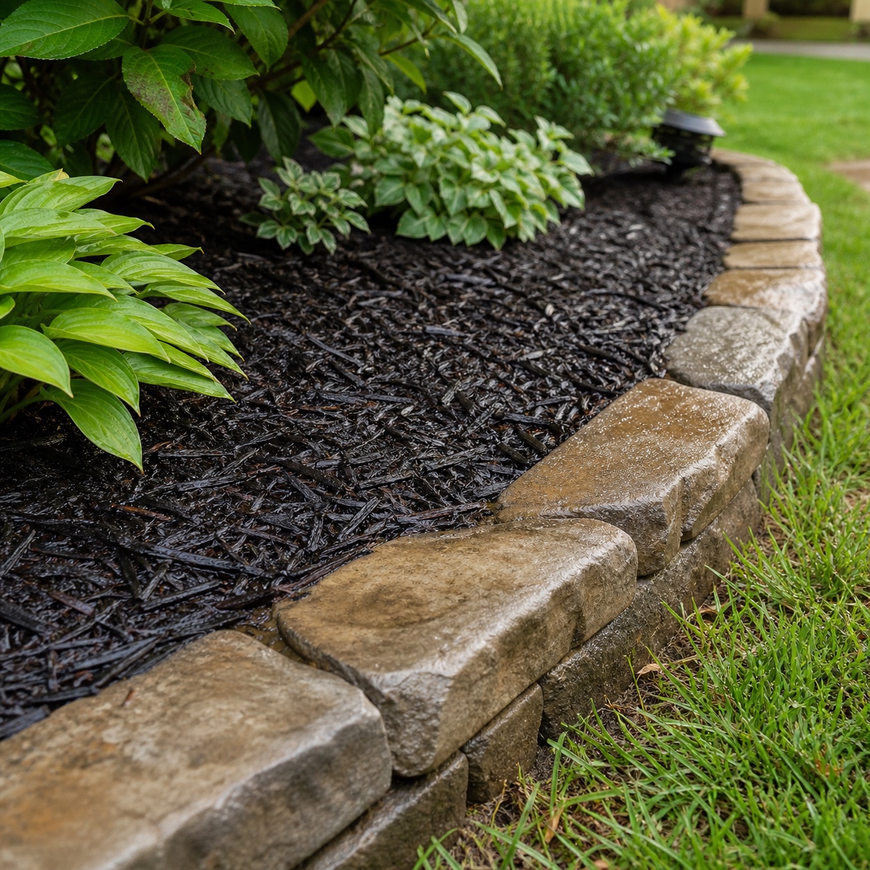 Raised stone edging holding dark mulch neatly in a planting bed after rain.