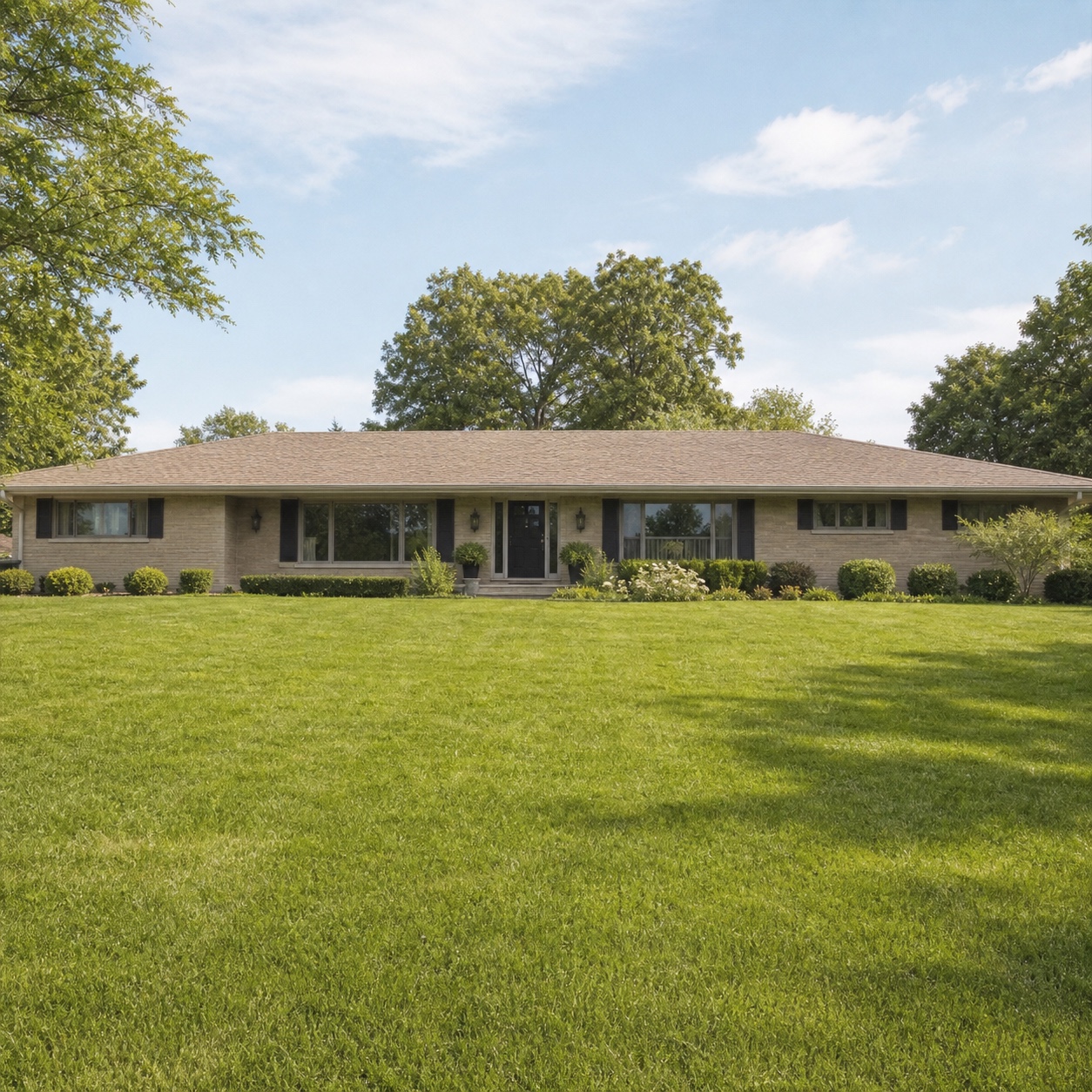 A low ranch-style house with a wide open lawn panel emphasizing its horizontal facade.