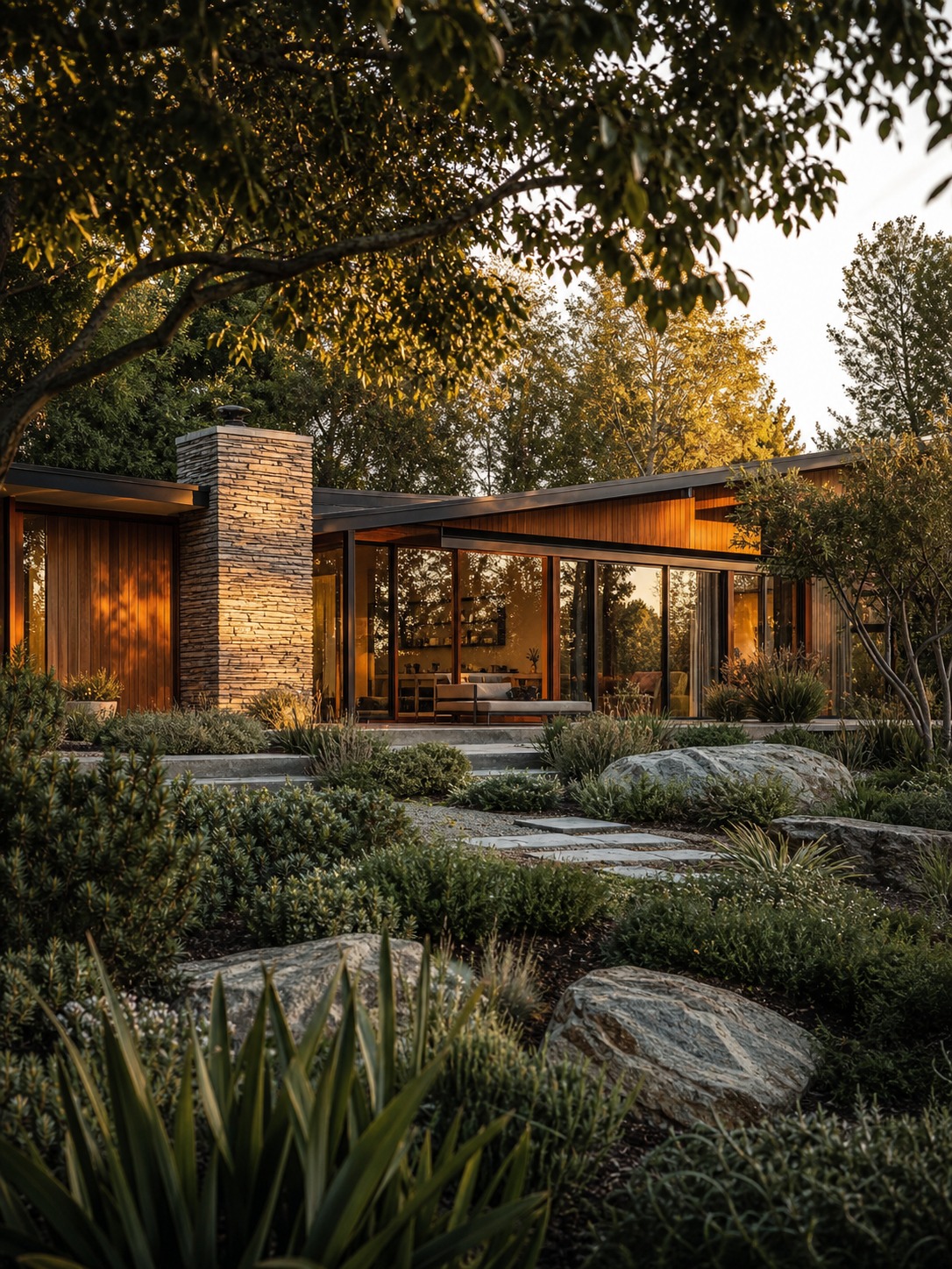 A low ranch-style mid-century modern home with a glass wall, cedar siding, and a stone chimney.