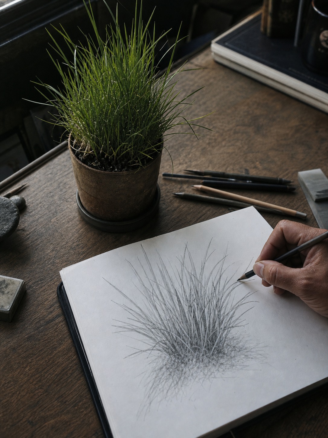 Real grass reference and sketchbook setup Small clump of real grass beside a sketchbook where an artist is drawing a grass study. | Sky Rye Design Small clump of real grass beside a sketchbook where an artist is drawing a grass study.