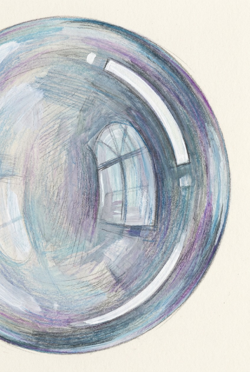 Macro view of a finished realistic bubble illustration with double highlights and a curved window reflection.