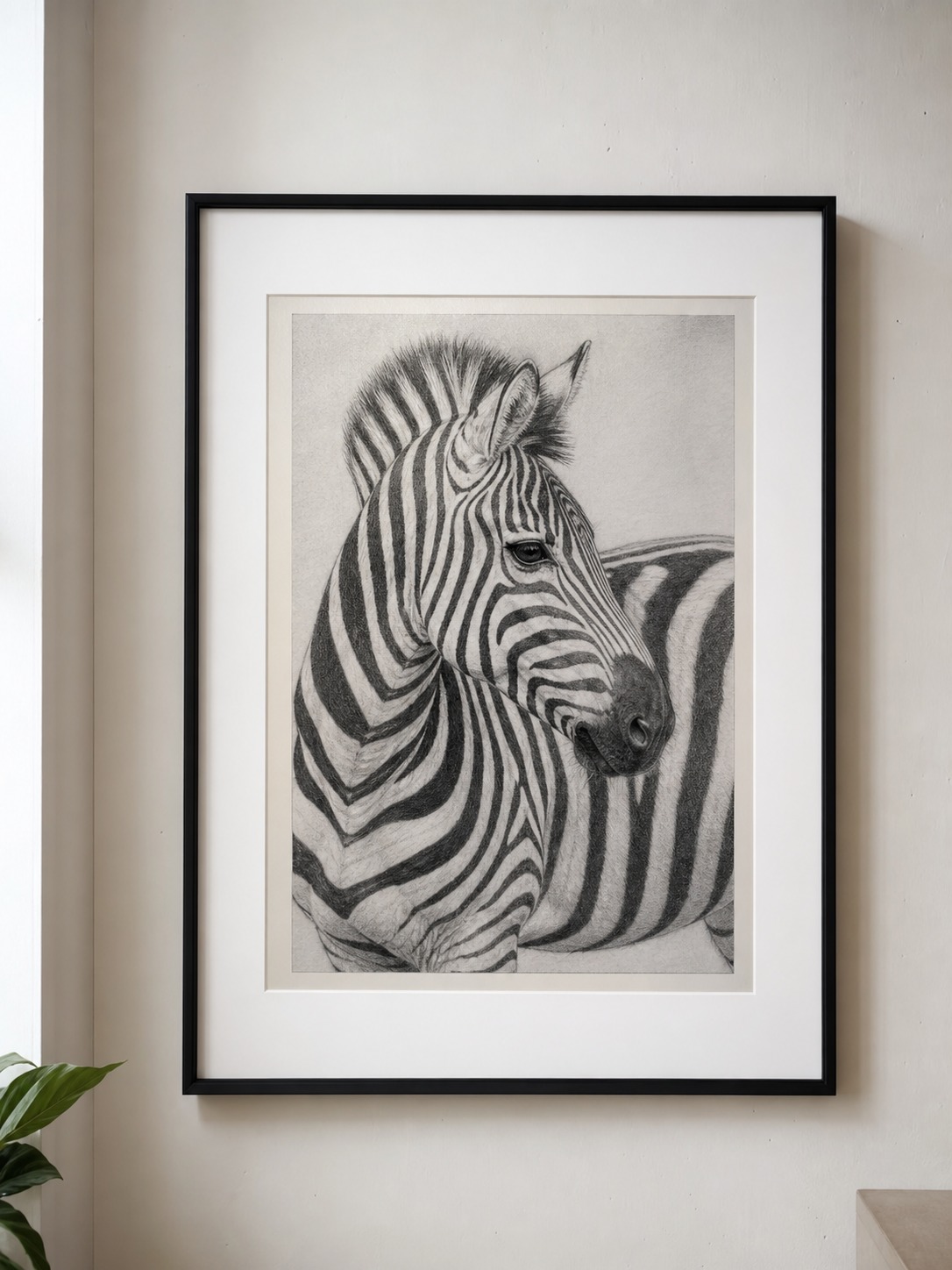 Detailed graphite zebra study with tonal shading and stripes that follow the body's rounded form.
