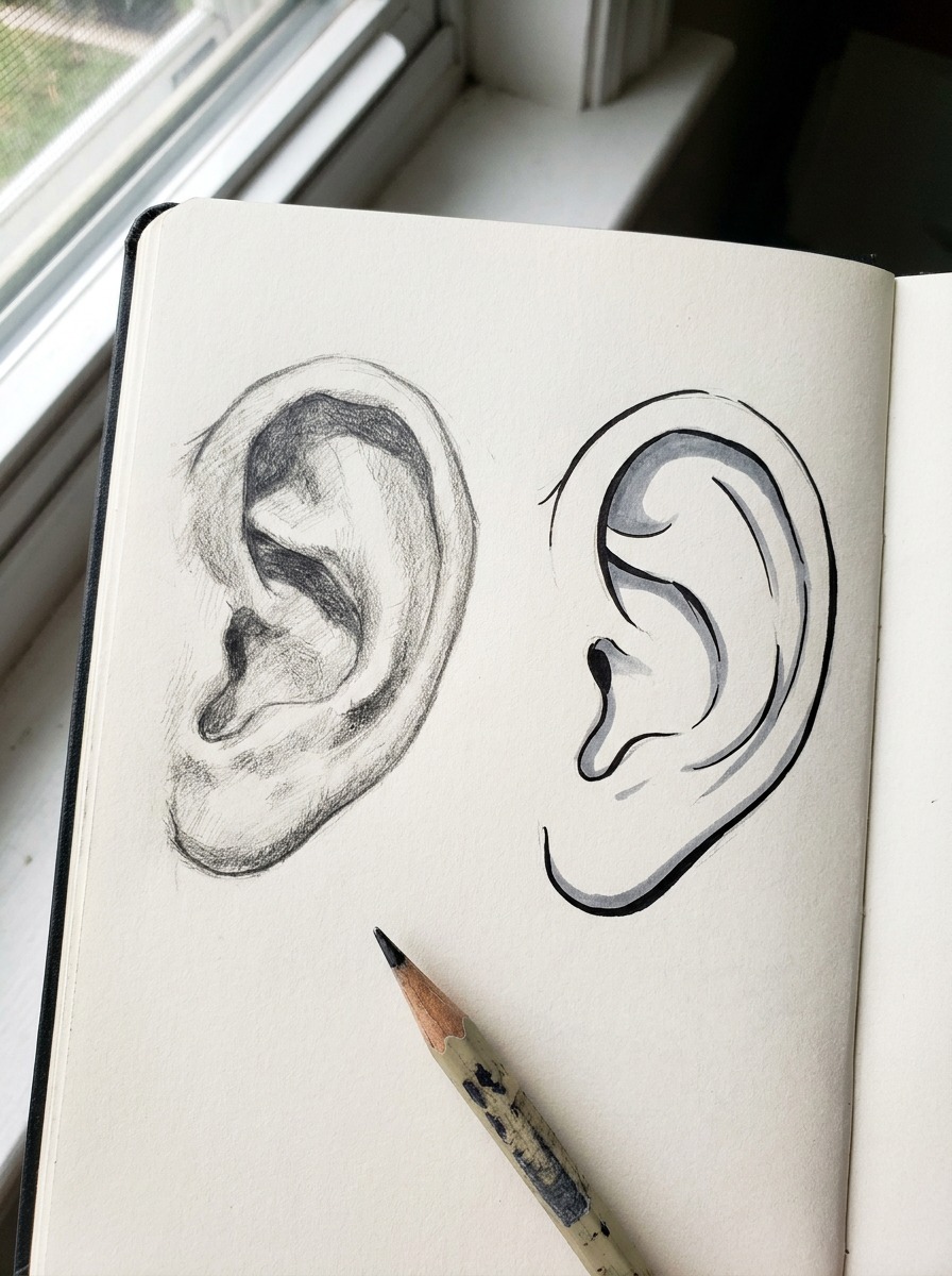 Realistic vs Anime Ear Comparison Side-by-side pencil sketches comparing a realistic ear with a simplified anime-style ear. | Sky Rye Design Side-by-side pencil sketches comparing a realistic ear with a simplified anime-style ear.