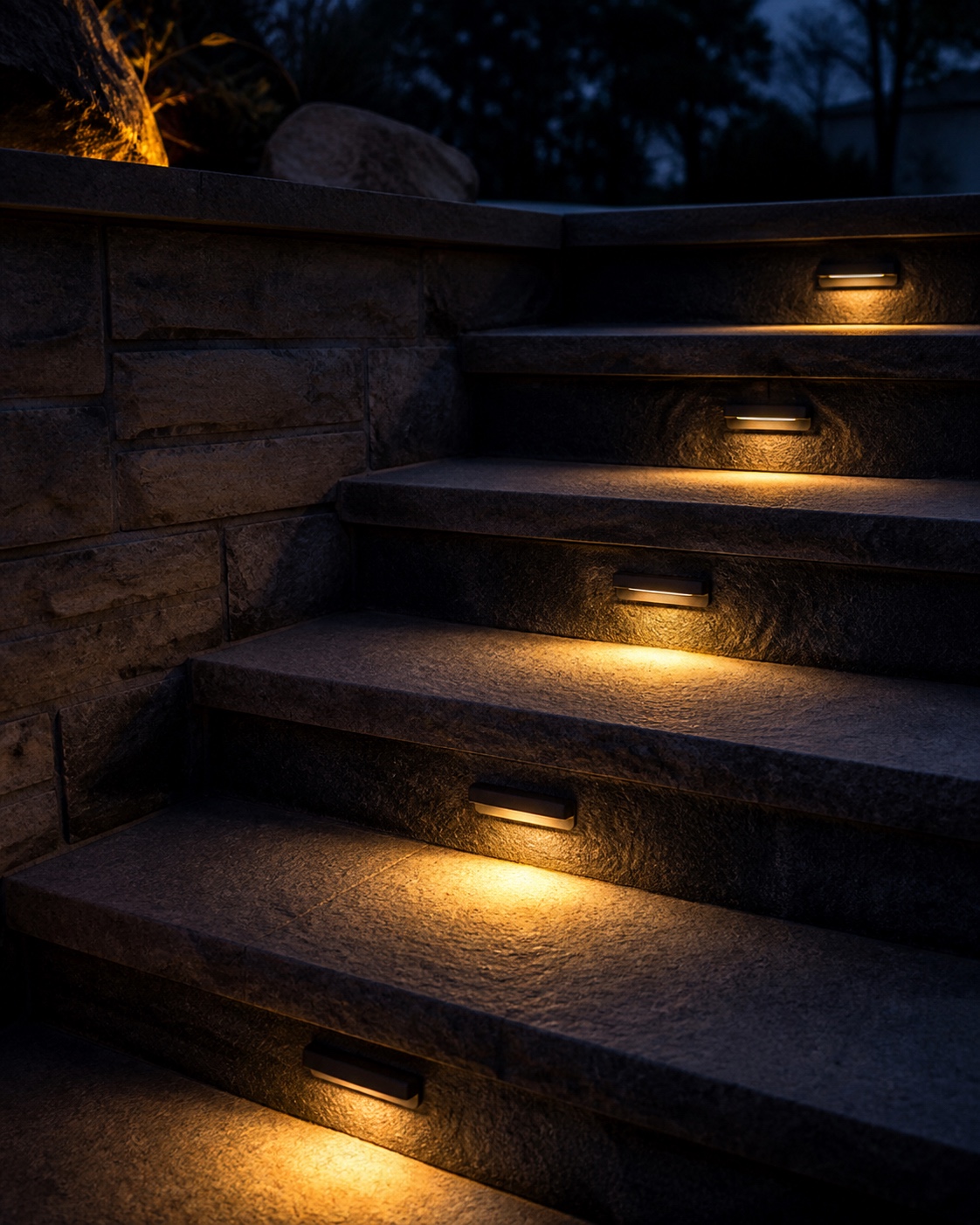 Recessed step task lighting at dusk Recessed exterior step lights casting warm downward light across stone stair treads at dusk. | Sky Rye Design Recessed exterior step lights casting warm downward light across stone stair treads at dusk.
