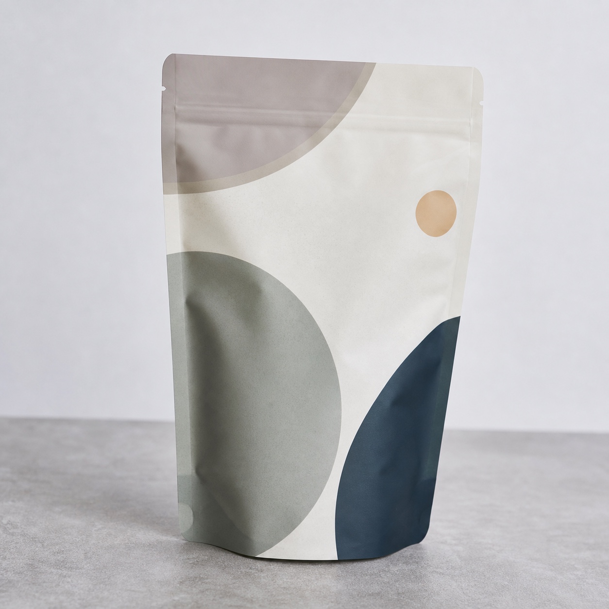 Recyclable flexible pouch design Recyclable stand-up pouch with restrained graphics on a neutral studio surface. | Sky Rye Design Recyclable stand-up pouch with restrained graphics on a neutral studio surface.