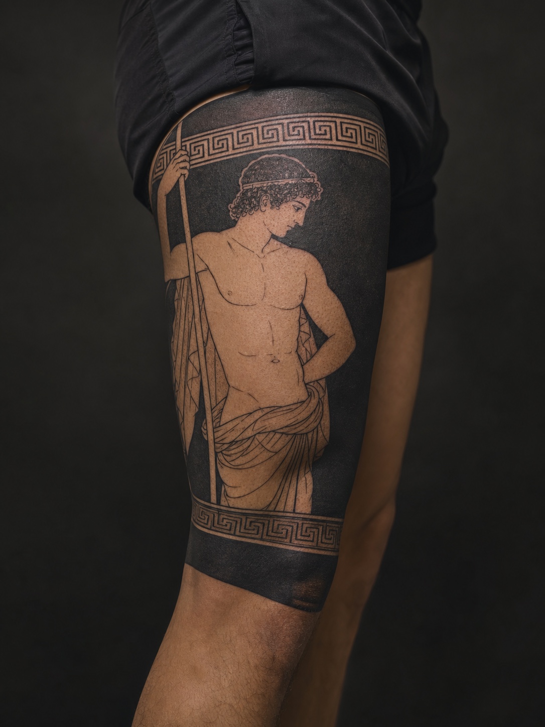 Red-figure pottery thigh tattoo Thigh tattoo using a red-figure pottery composition with a dark background field. | Sky Rye Design Thigh tattoo using a red-figure pottery composition with a dark background field.