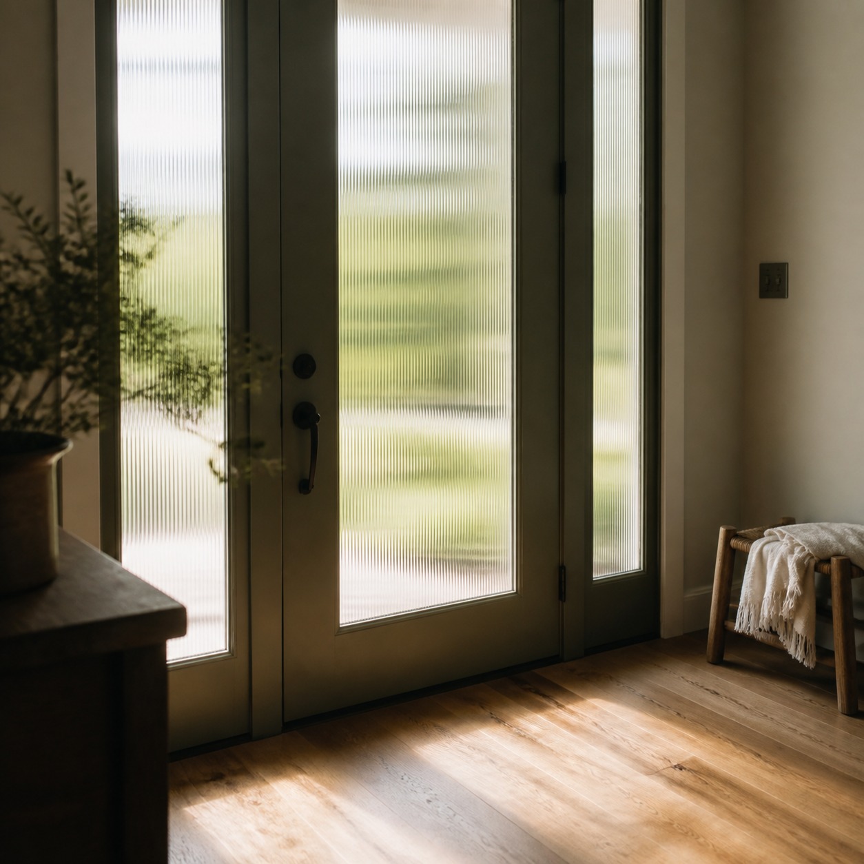 Reeded glass sidelight detail Front door with reeded glass sidelights casting soft daylight patterns into an entry hall. | Sky Rye Design Front door with reeded glass sidelights casting soft daylight patterns into an entry hall.