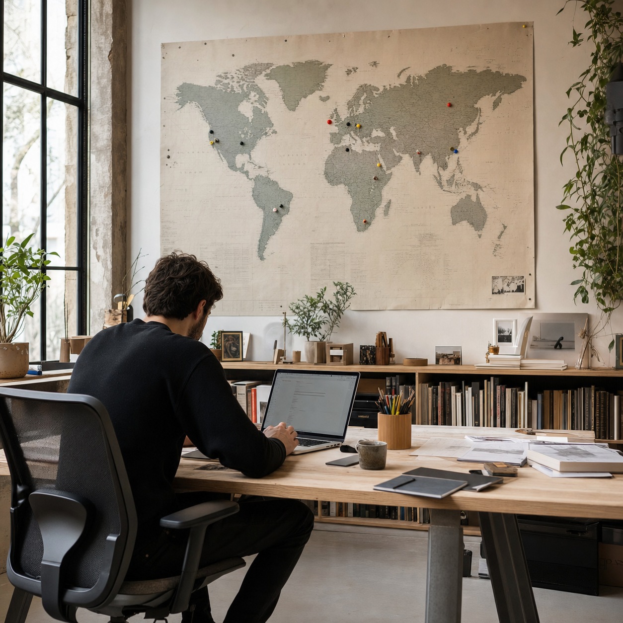 Remote IT support image prompt 13 Dezeen editorial Small creative studio with a wall map marking distributed team locations. | Sky Rye Design Small creative studio with a wall map marking distributed team locations.