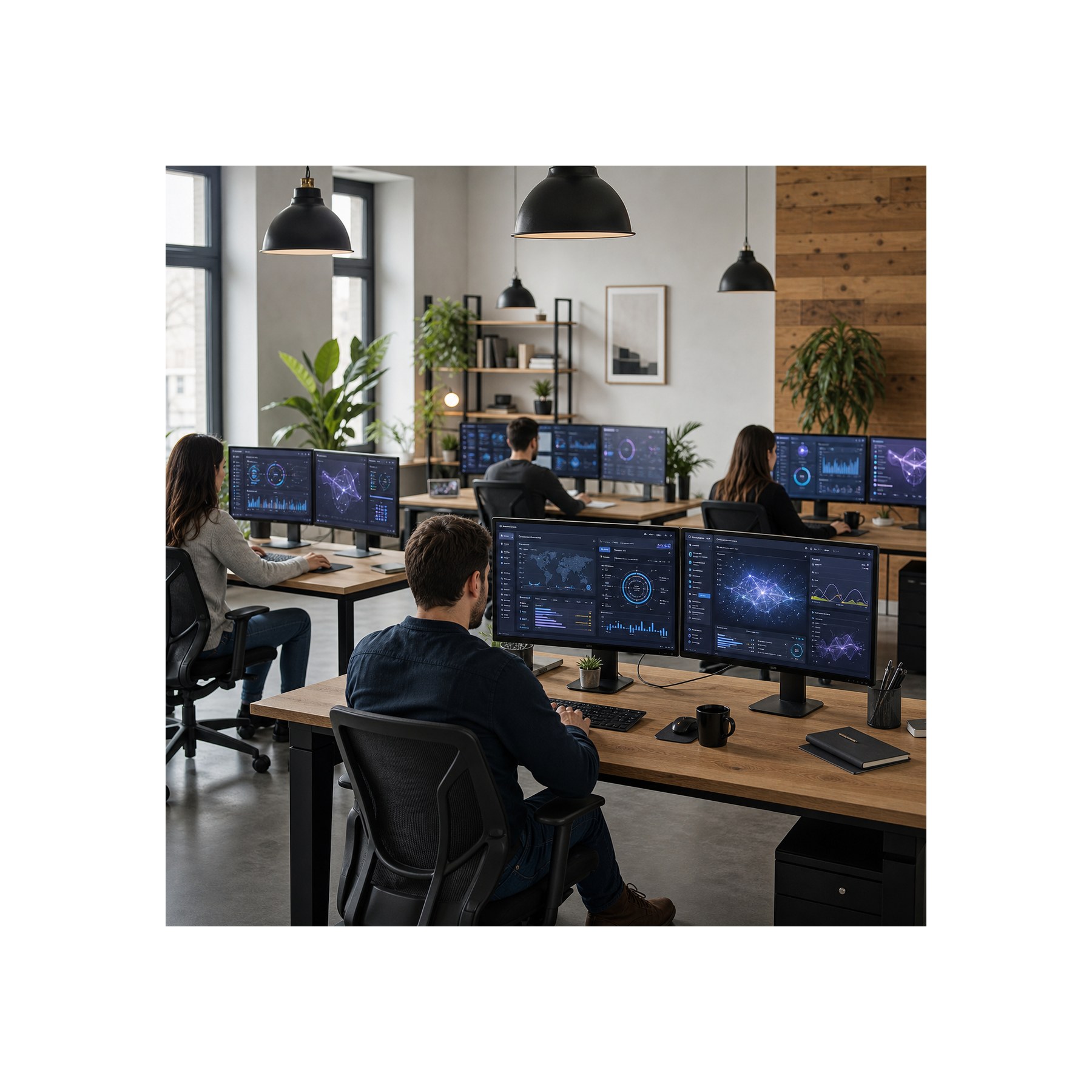 Remote creative agency security dashboard Modern remote creative agency office with security dashboards across multiple workstations | Sky Rye Design Modern remote creative agency office with security dashboards across multiple workstations